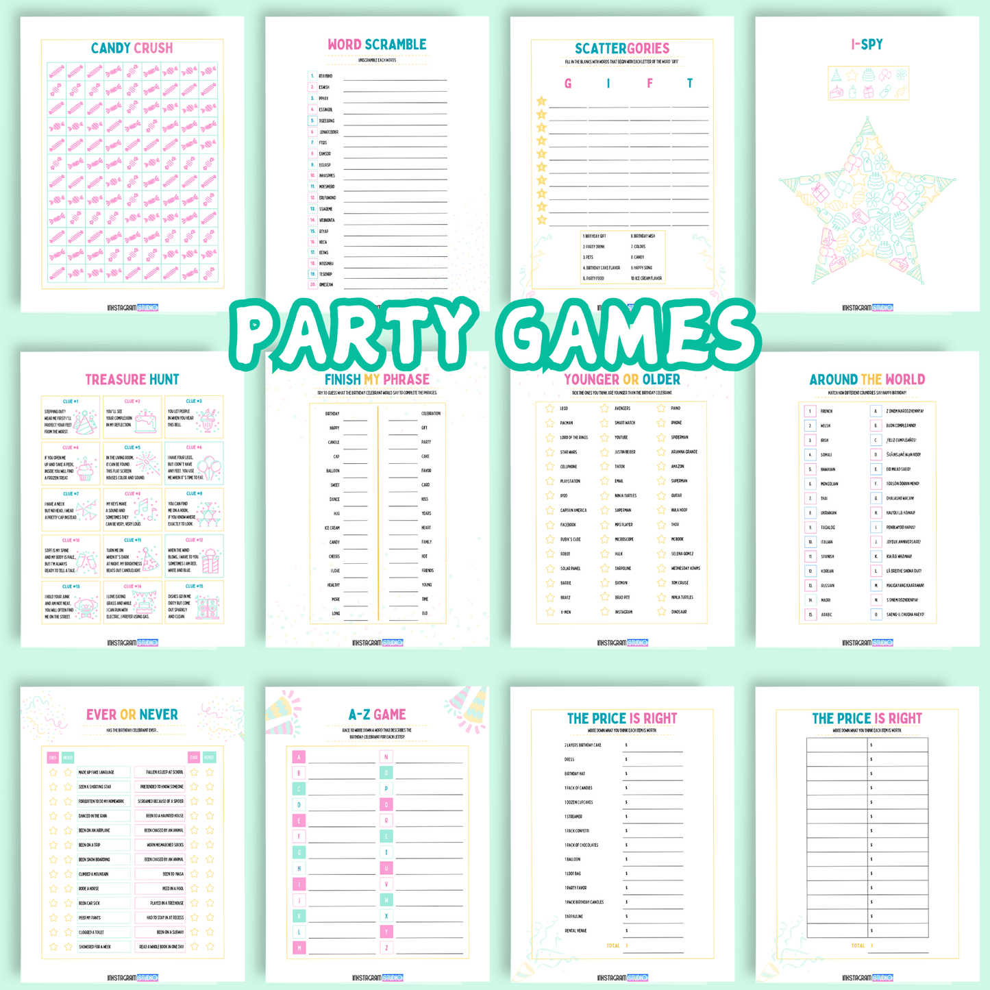 Birthday party games and activities planner pages with colorful designs including Candy Crush, Word Scramble, I-Spy, and more.