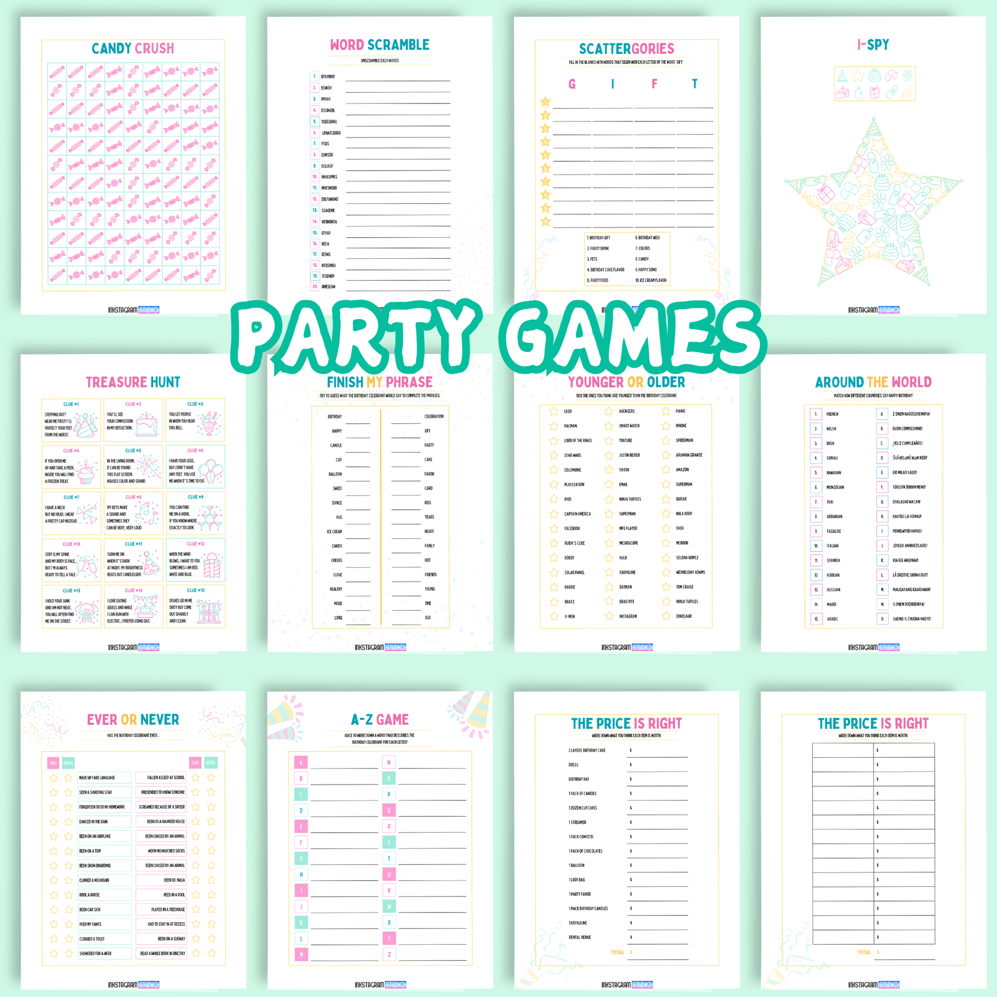 Birthday party games and activities planner pages with colorful designs including Candy Crush, Word Scramble, I-Spy, and more.