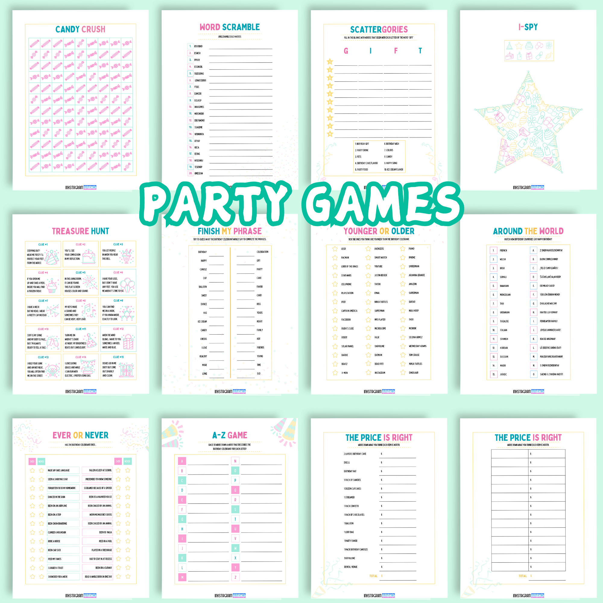 Printable birthday party games selection for kids' celebrations.