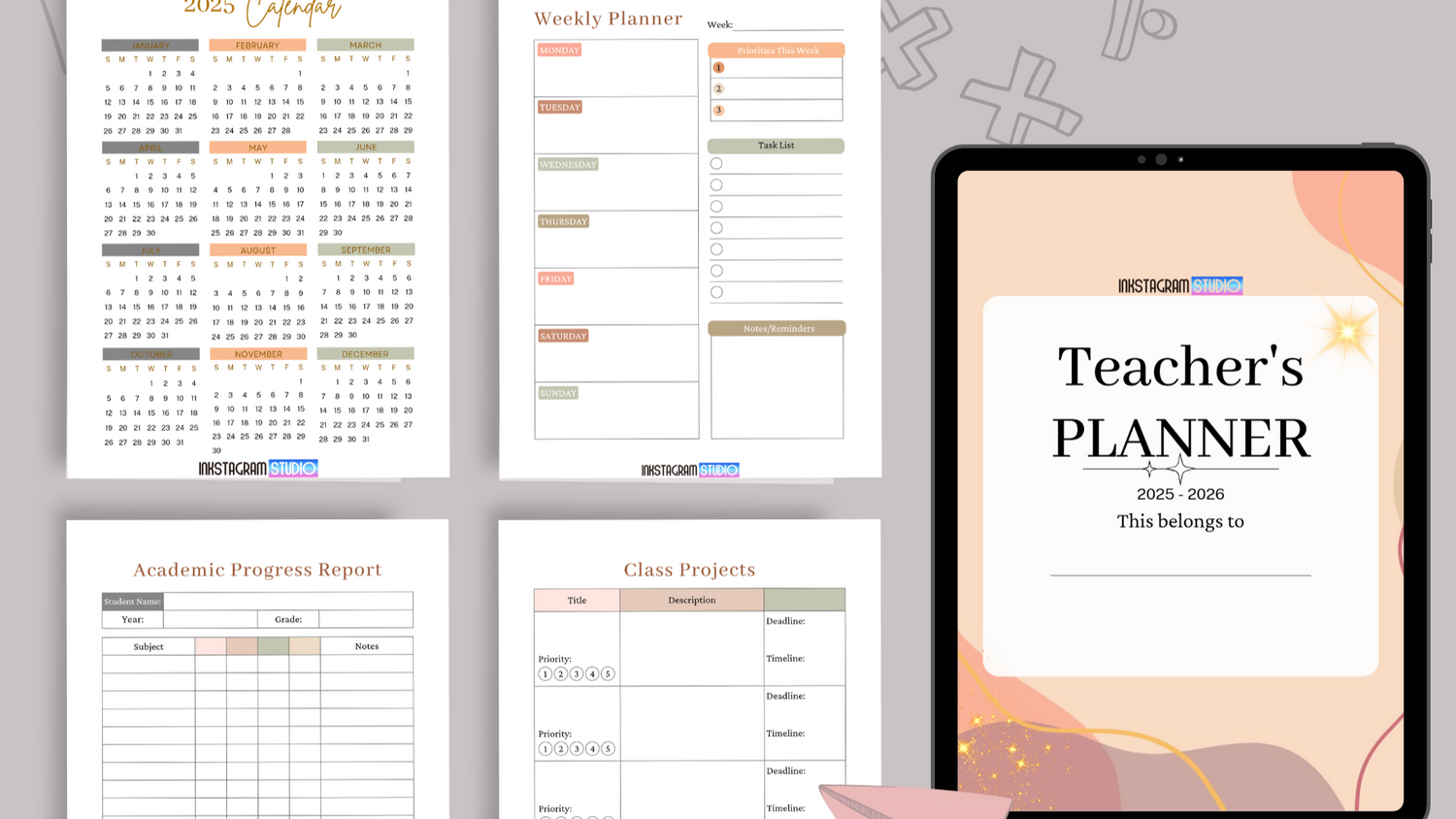 Collage of educational planner templates for teachers, including calendars, progress reports, and project sheets.