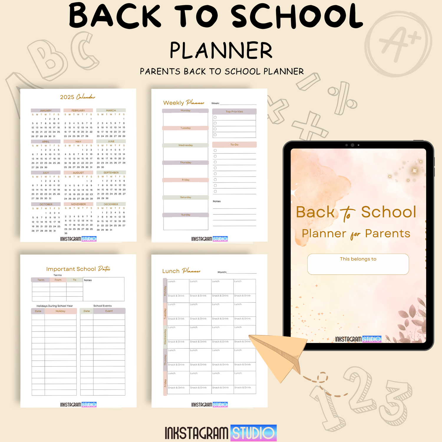 Back to school planner for parents with 2025 calendar, weekly planner, and important dates layout.