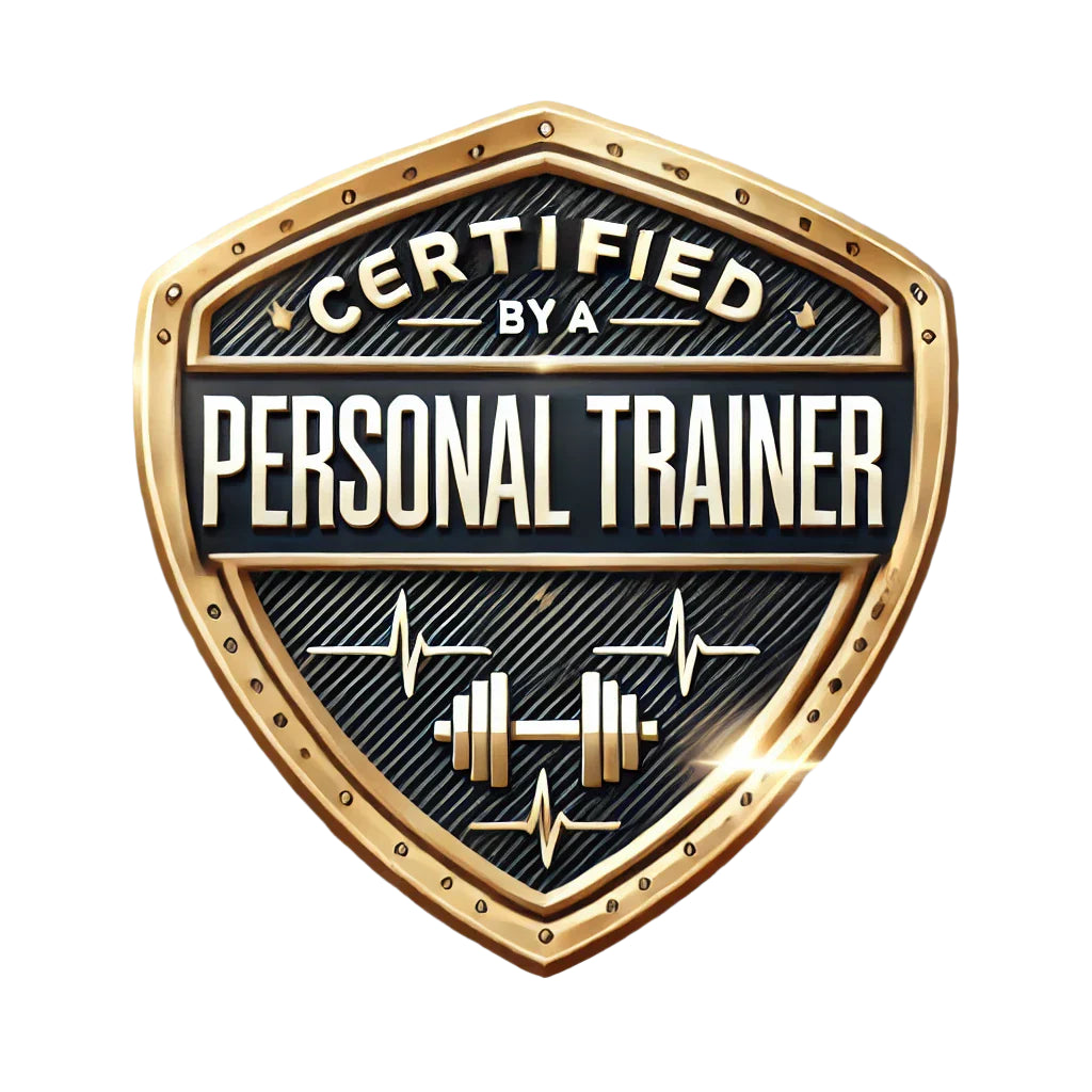 Badge of certification from a personal trainer, featuring weights and heartbeat graphics, showcasing fitness expertise.