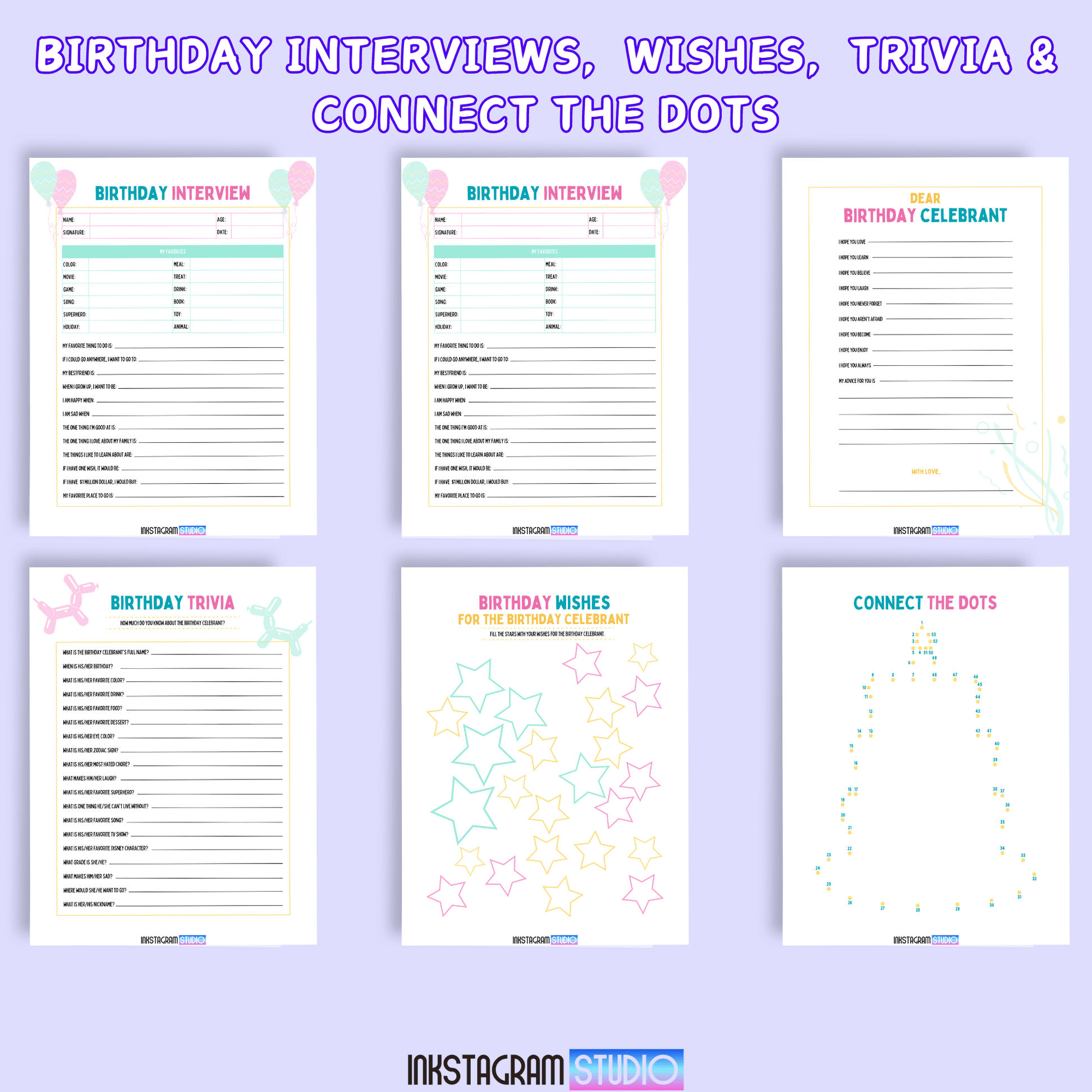 birthday party games & activities planner pages featuring interviews, trivia, wishes, and connect the dots game