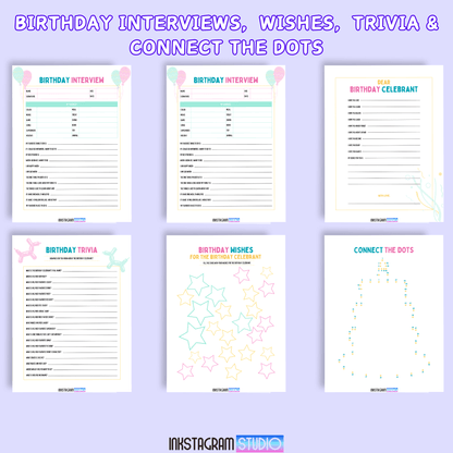 Birthday party games and activities planner with interviews, wishes, trivia, and connect the dots templates for a fun celebration.