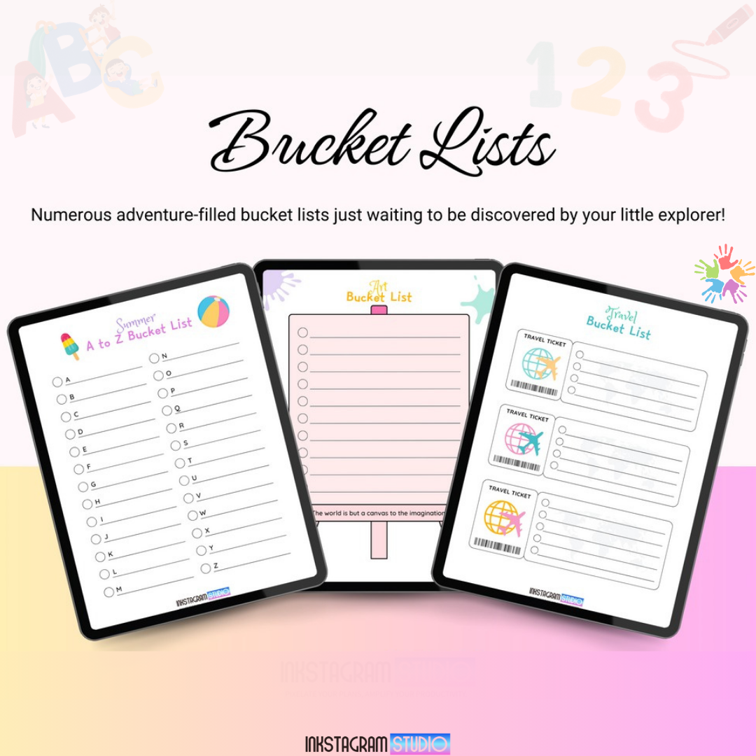 Kid planner featuring colorful bucket lists for creative organization and adventure.