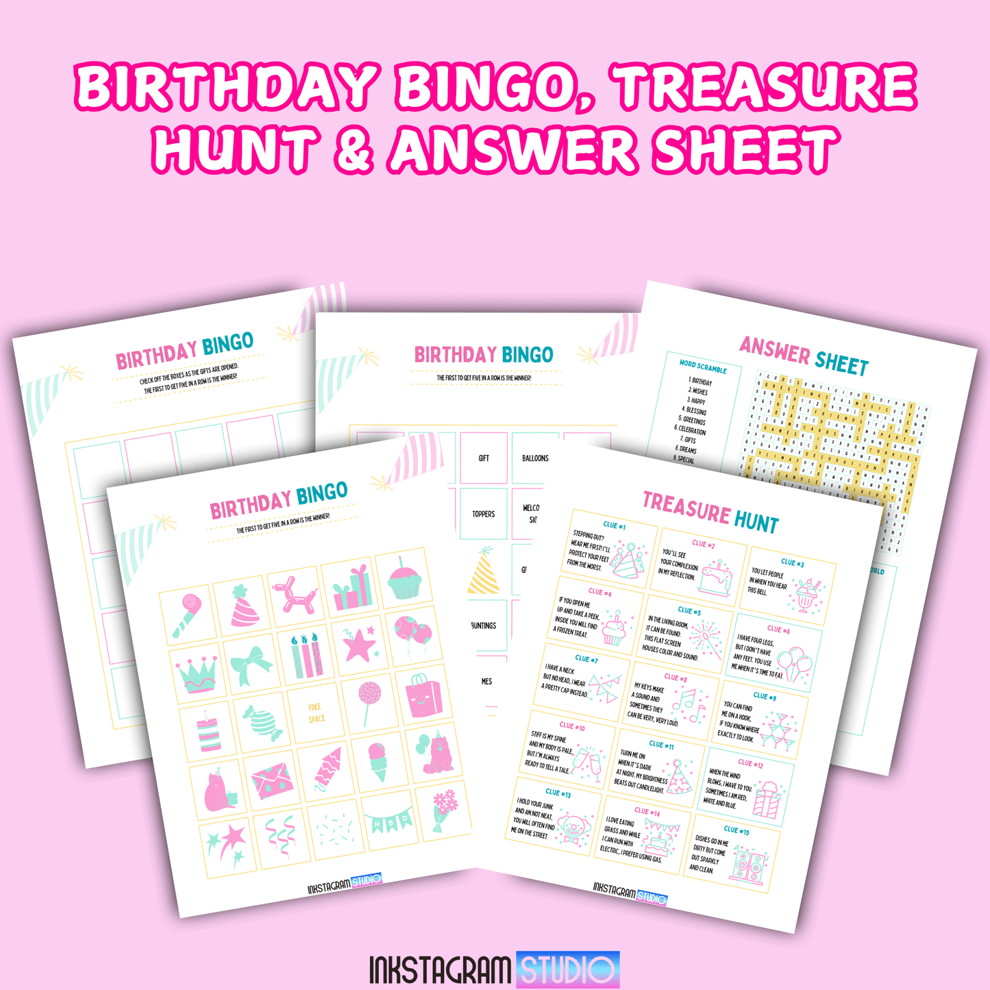 Birthday party games and activities planner pages featuring Birthday Bingo, Treasure Hunt, and answer sheet.