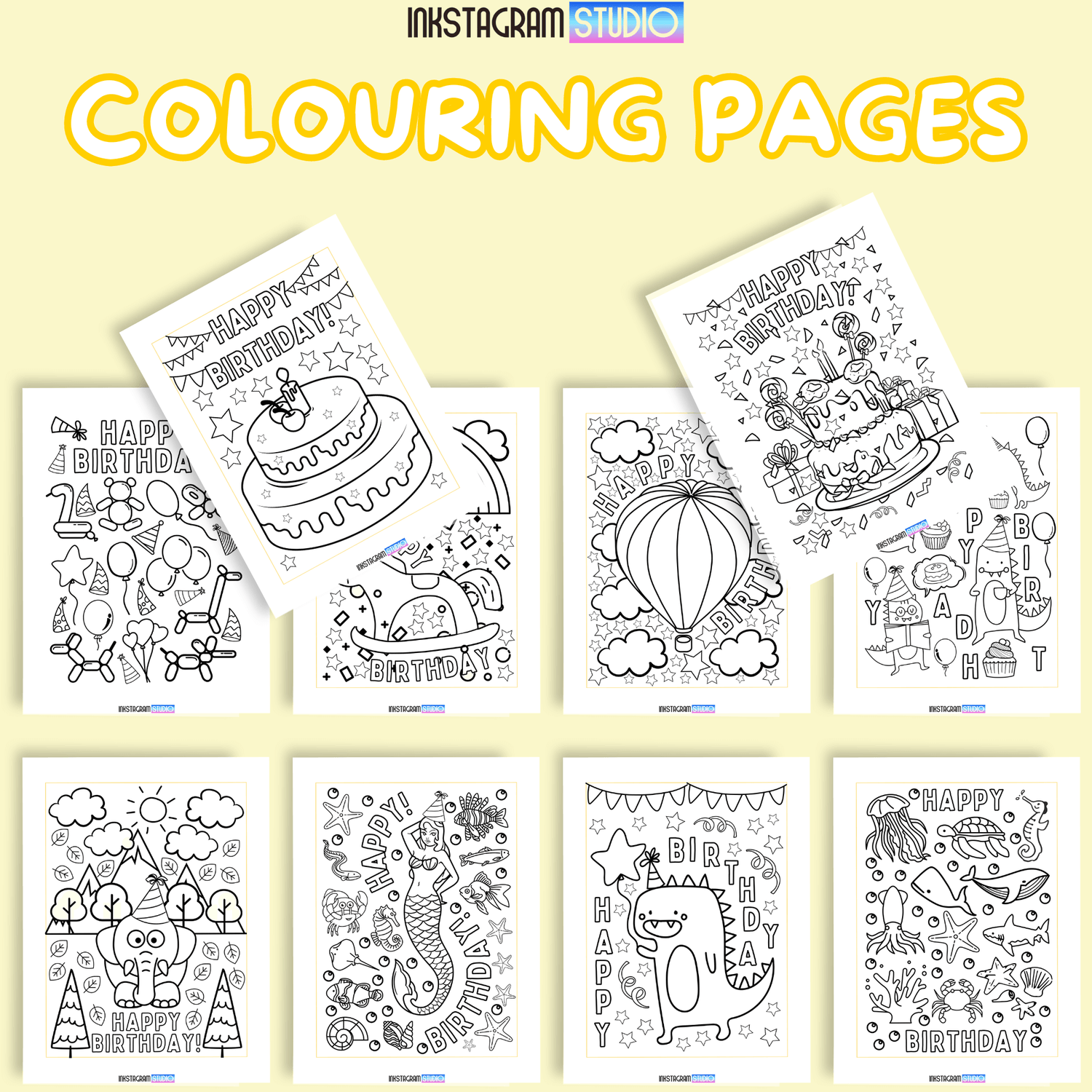 Birthday party games and activities planner with fun coloring pages for kids.