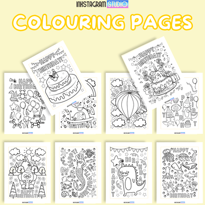 Birthday party games and activities planner with fun coloring pages for kids.