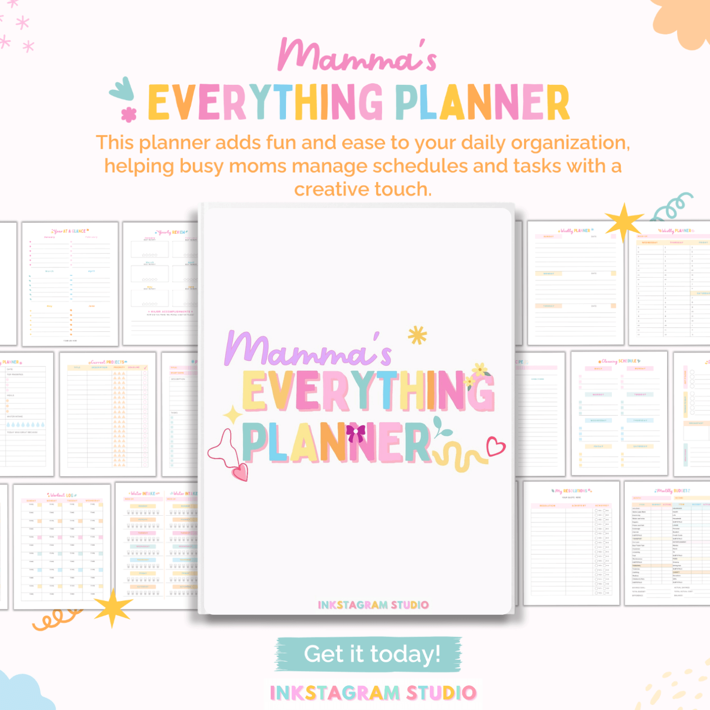 Momma's Everything Planner, cutest organizer for busy moms with playful design and functional layout for daily, weekly, and monthly planning.