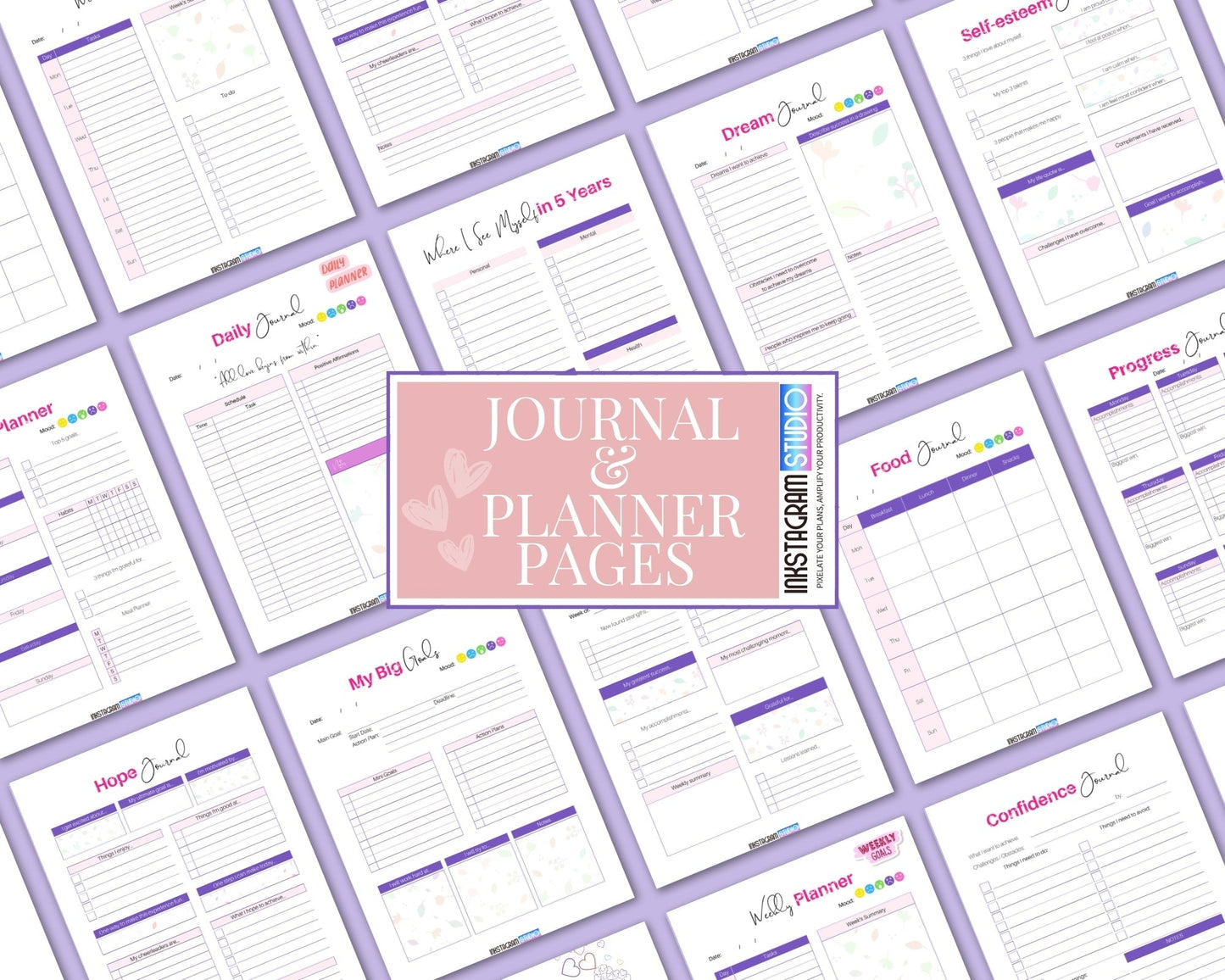 Journal and planner pages from the Growth & Mindset Journal by Inkstagramstudio, featuring sections for daily reflection, goal setting, self-esteem, and productivity.