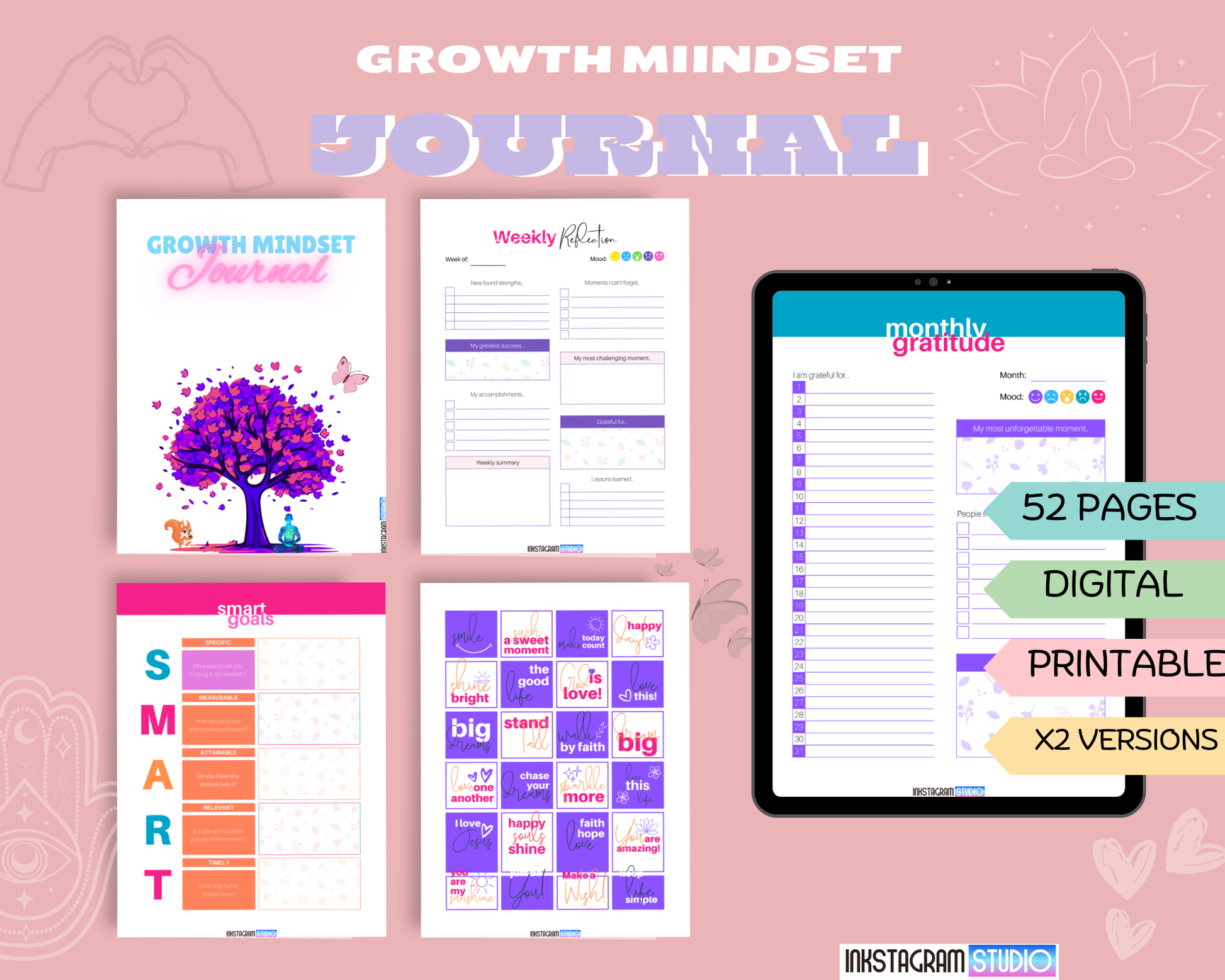 Growth & Mindset Journal by Inkstagramstudio; digital and printable versions featuring self-reflection prompts, goal setting, and daily gratitude exercises.