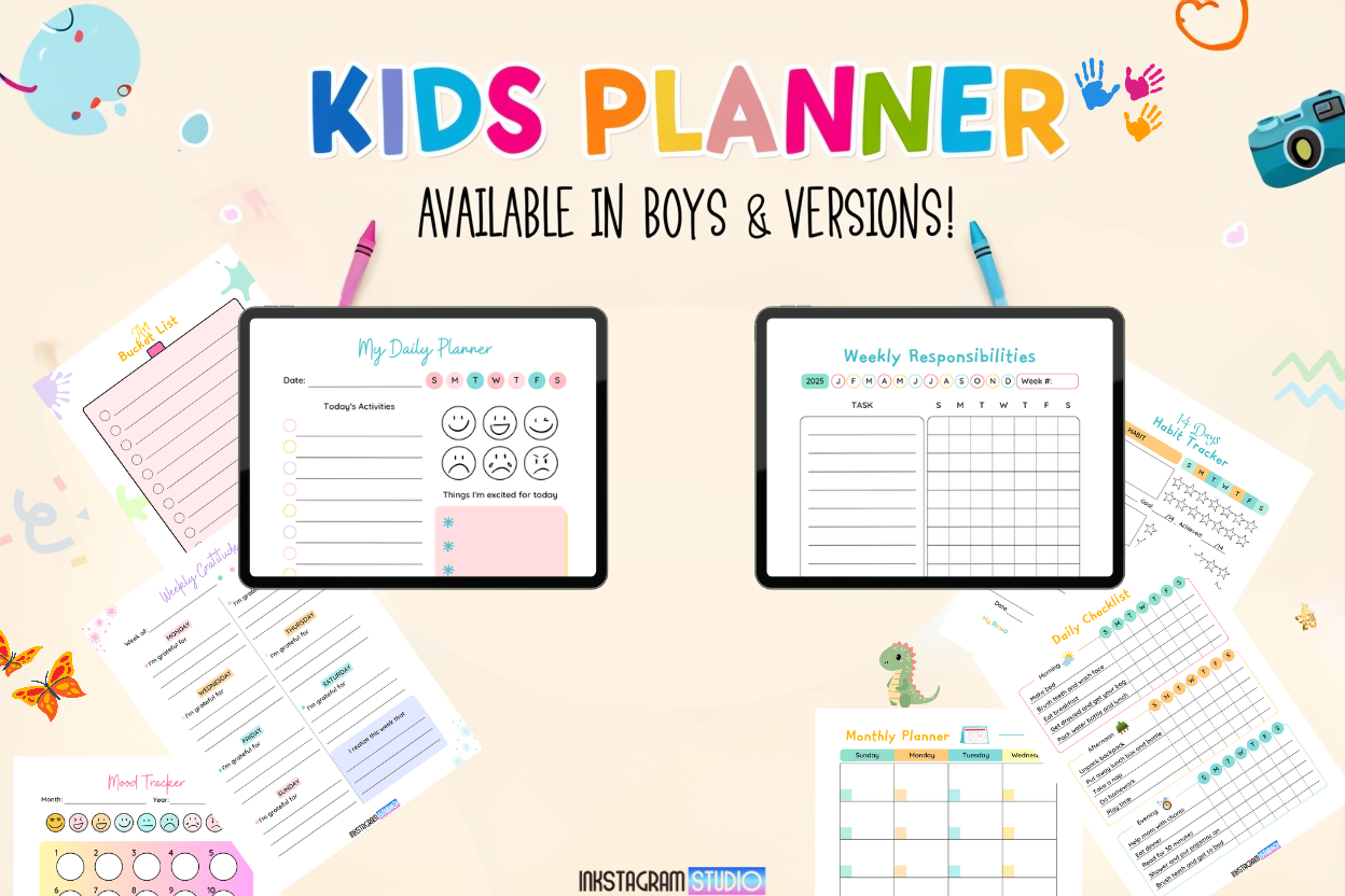 Kids digital planner for boys and girls, fun and engaging organization tool.