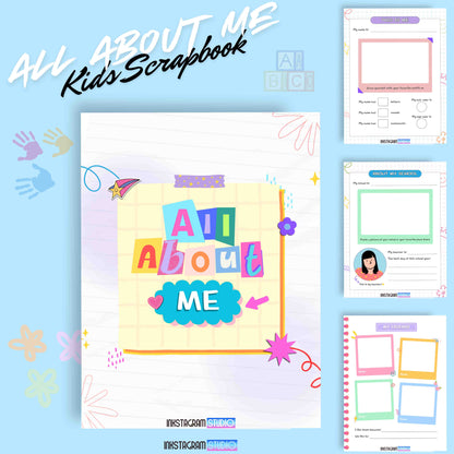 Kids "All About Me" scrapbook cover and pages showcasing creative memory-building layouts.