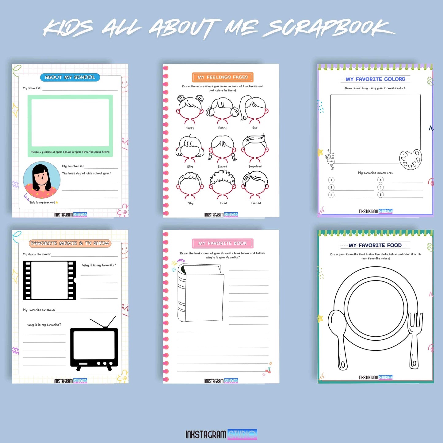 Kids "All About Me" scrapbook pages with creative guided activities for self-expression.