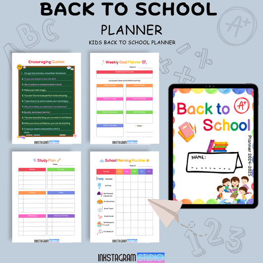 Kids Back to School Planner with colorful pages including encouraging quotes, weekly goal planner, study plan, school morning routine, and more. Designed to organize and inspire children for the school year. Ideal for ages 6-12.