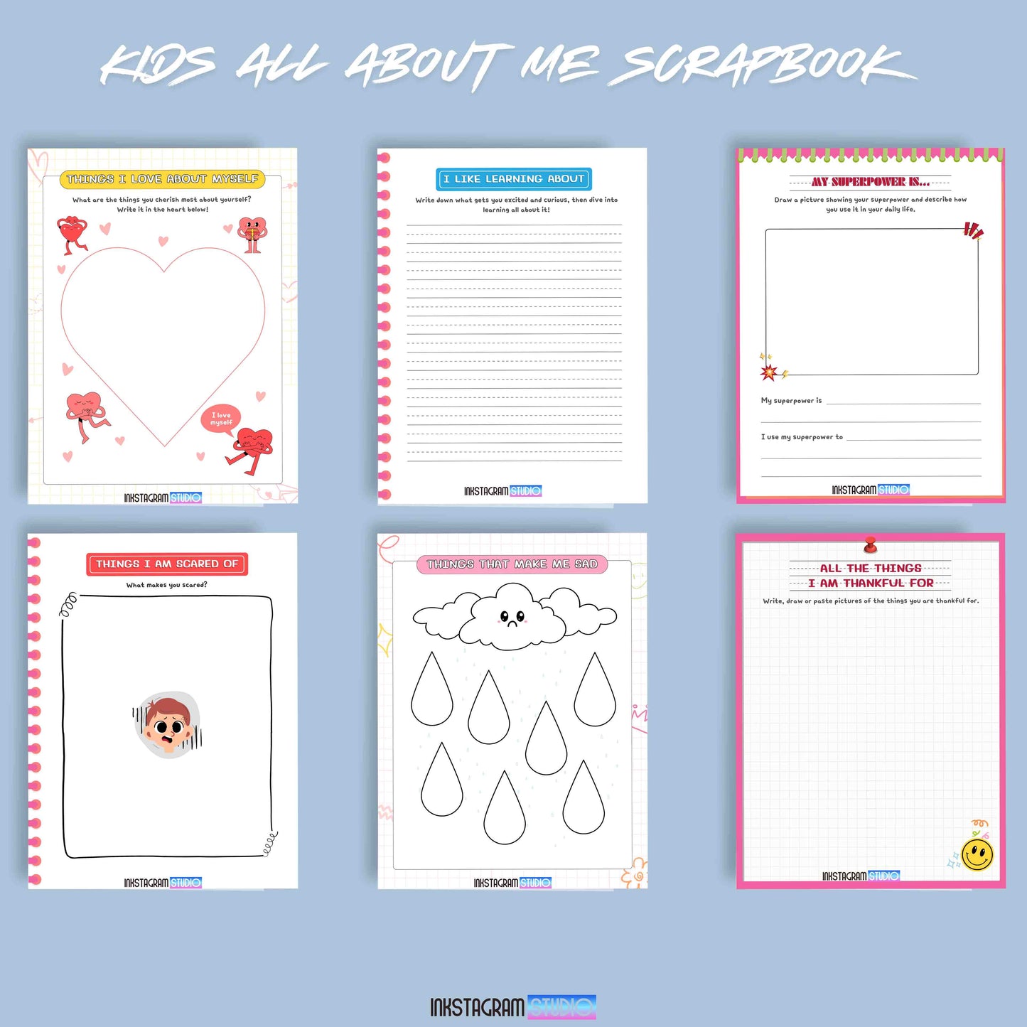 Kids "All About Me" Scrapbook pages showcasing creative prompts and colorful designs for a fun and creative memory book.