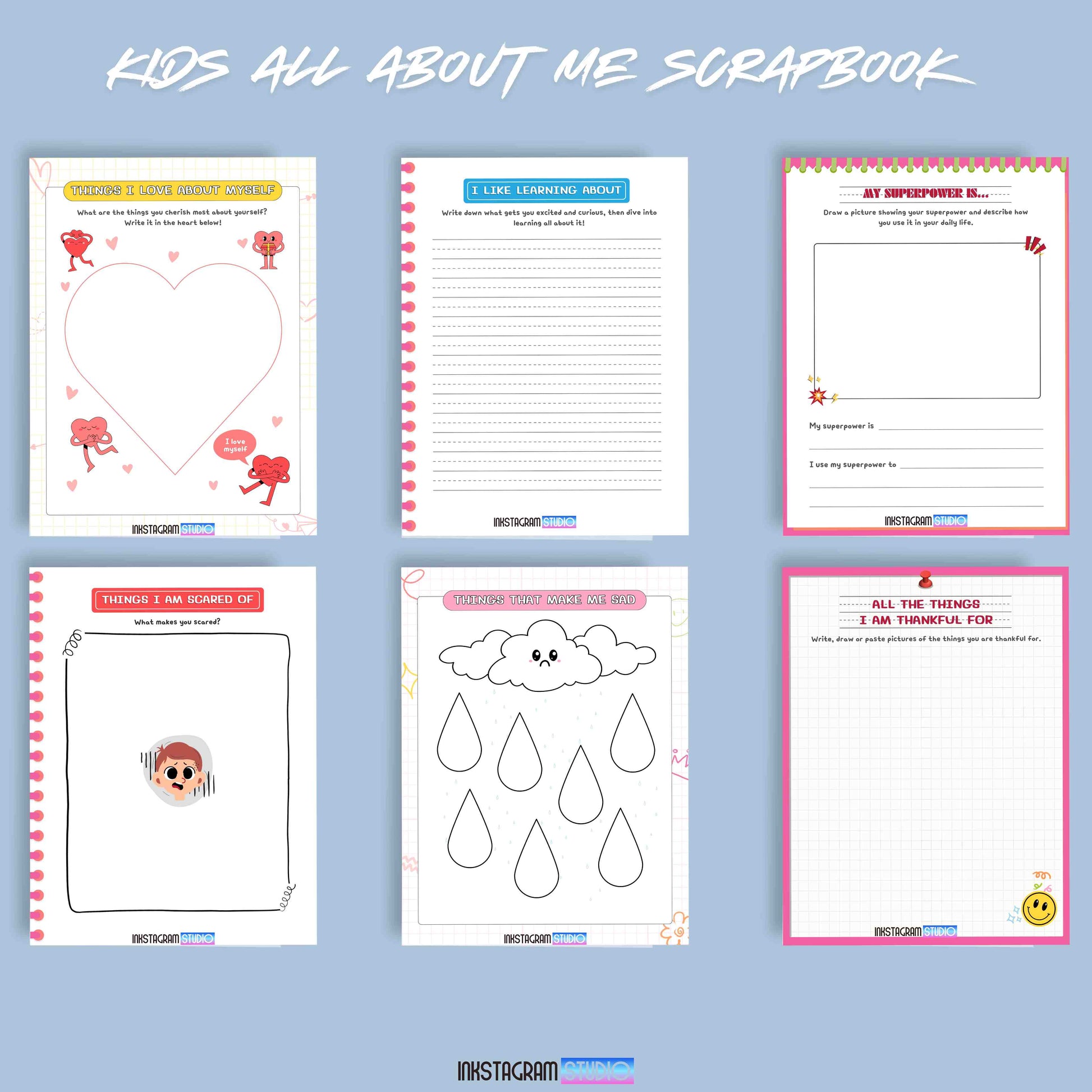 Kids "All About Me" Scrapbook pages showcasing creative prompts and colorful designs for a fun and creative memory book.