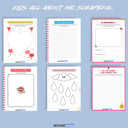 Kids "All About Me" scrapbook pages showcasing creative and organized memory book activities for self-expression.