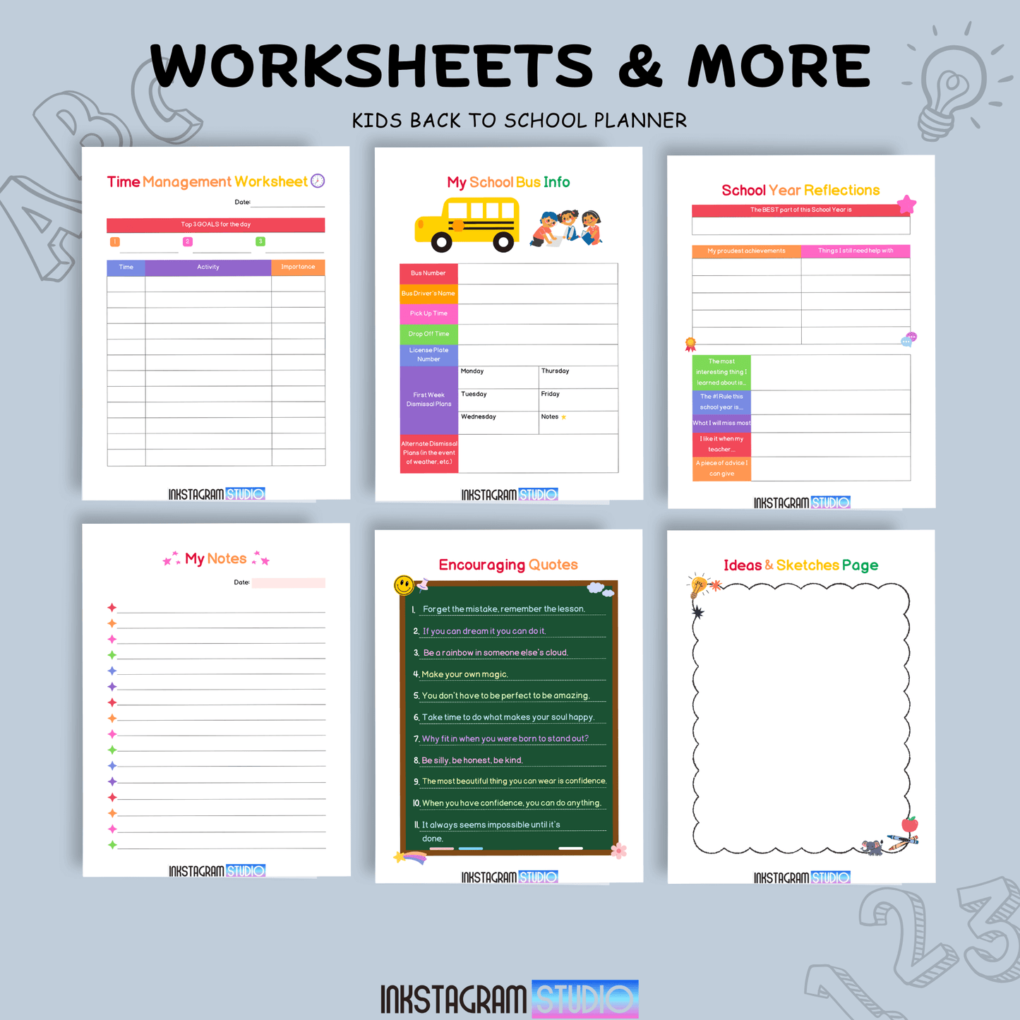 Kids back to school planner with time management, school bus info, school year reflections, notes, encouraging quotes, and ideas page. Ideal for ages 6-12.