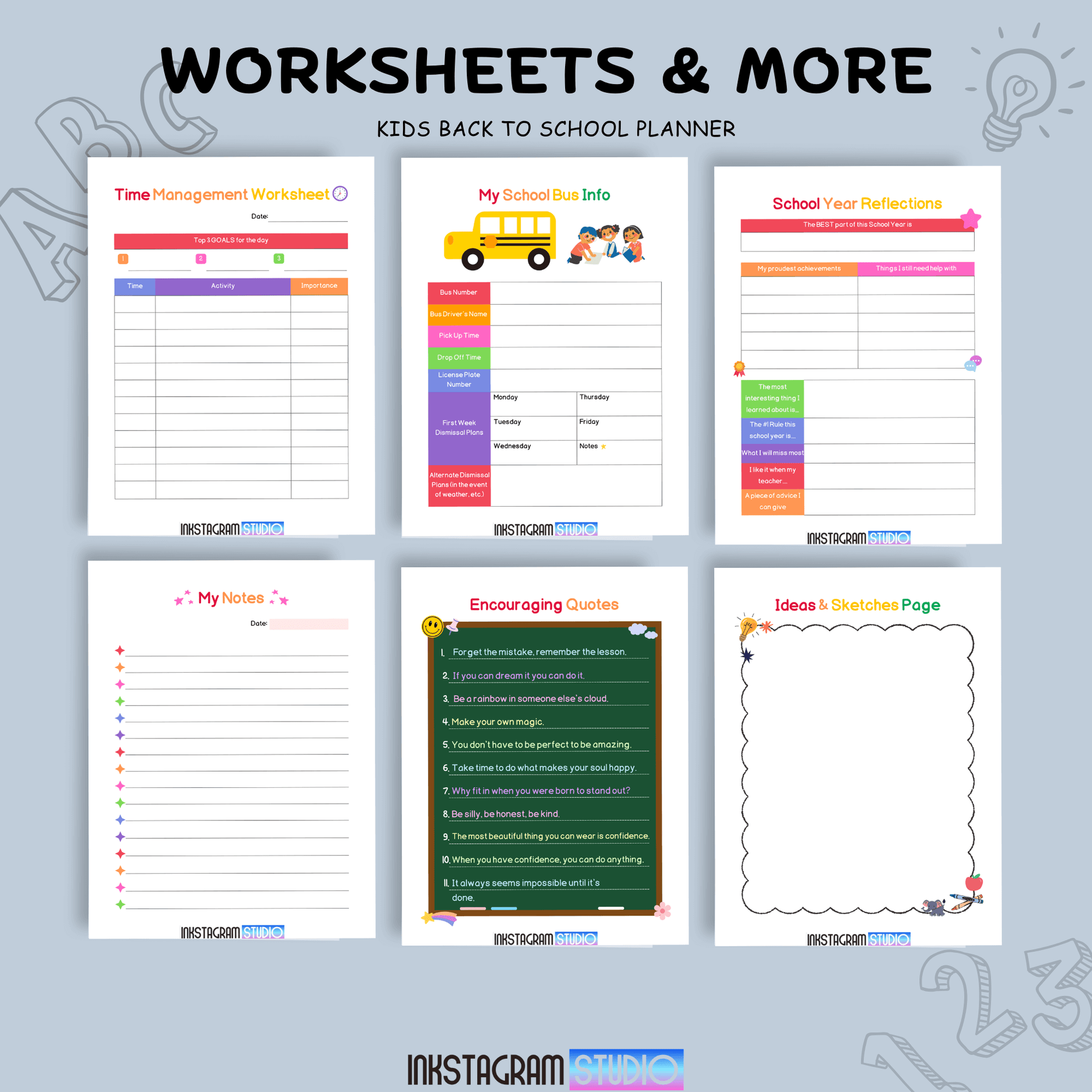 Kids back to school planner worksheets for time management, bus info, reflections, notes, quotes, and sketches.