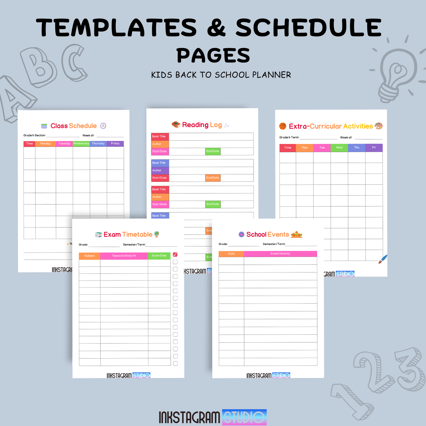 Kids Back to School Planner templates and schedule pages, featuring class schedule, reading log, extra-curricular activities, exam timetable, and school events. Ideal organizational tool for ages 6-12.