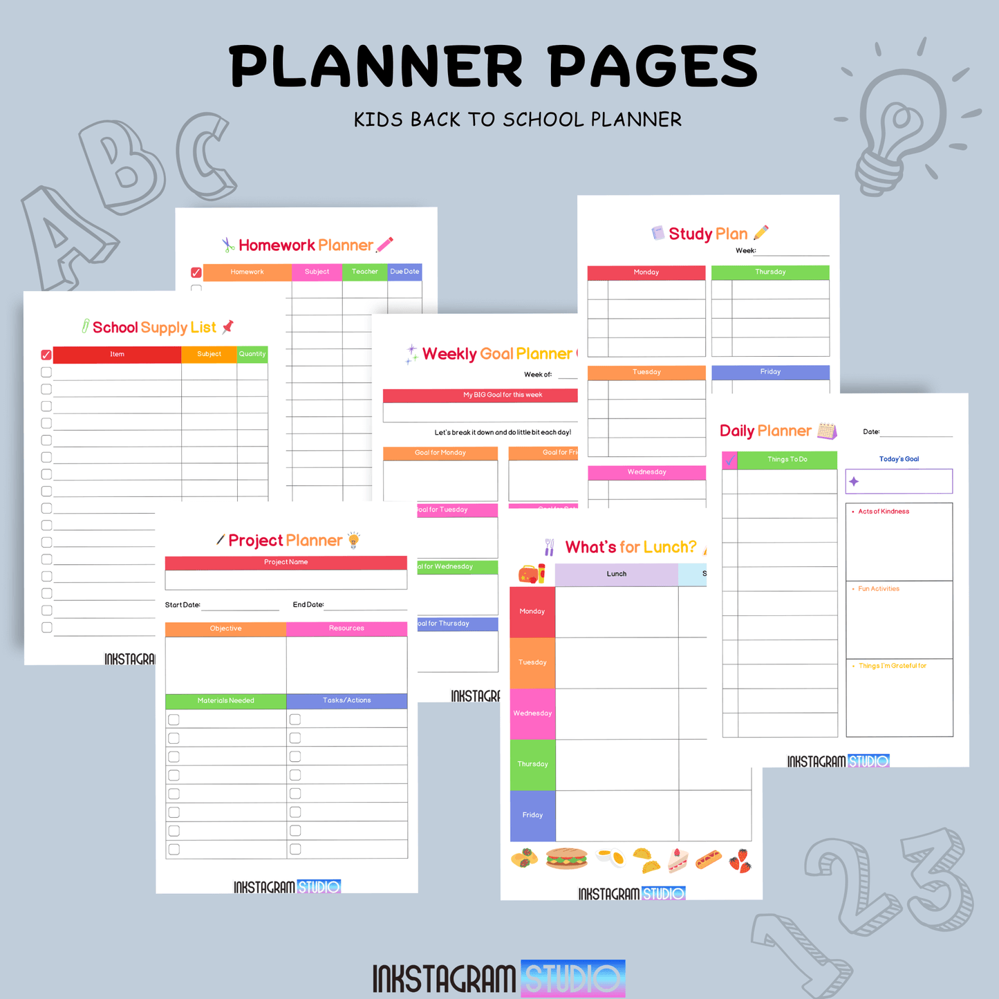 Kids Back to School Planner pages including homework, supply list, and lunch planner.