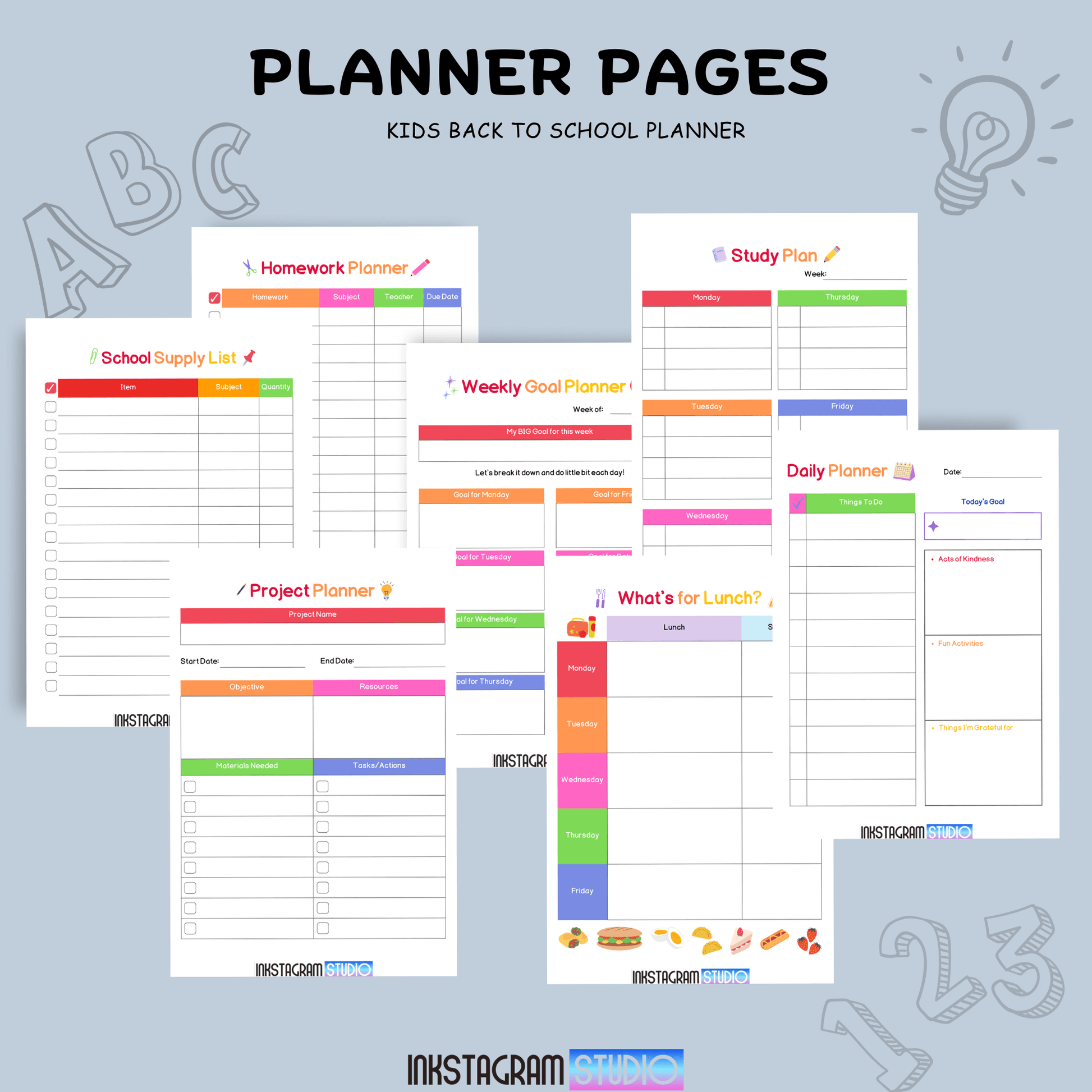 Kids back to school planner pages including homework tracker, class schedule, and meal planner.