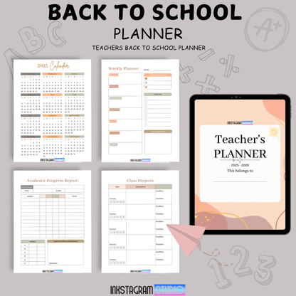 Teachers Back to School Planner featuring calendars, weekly planner, and grade tracking pages for classroom management.