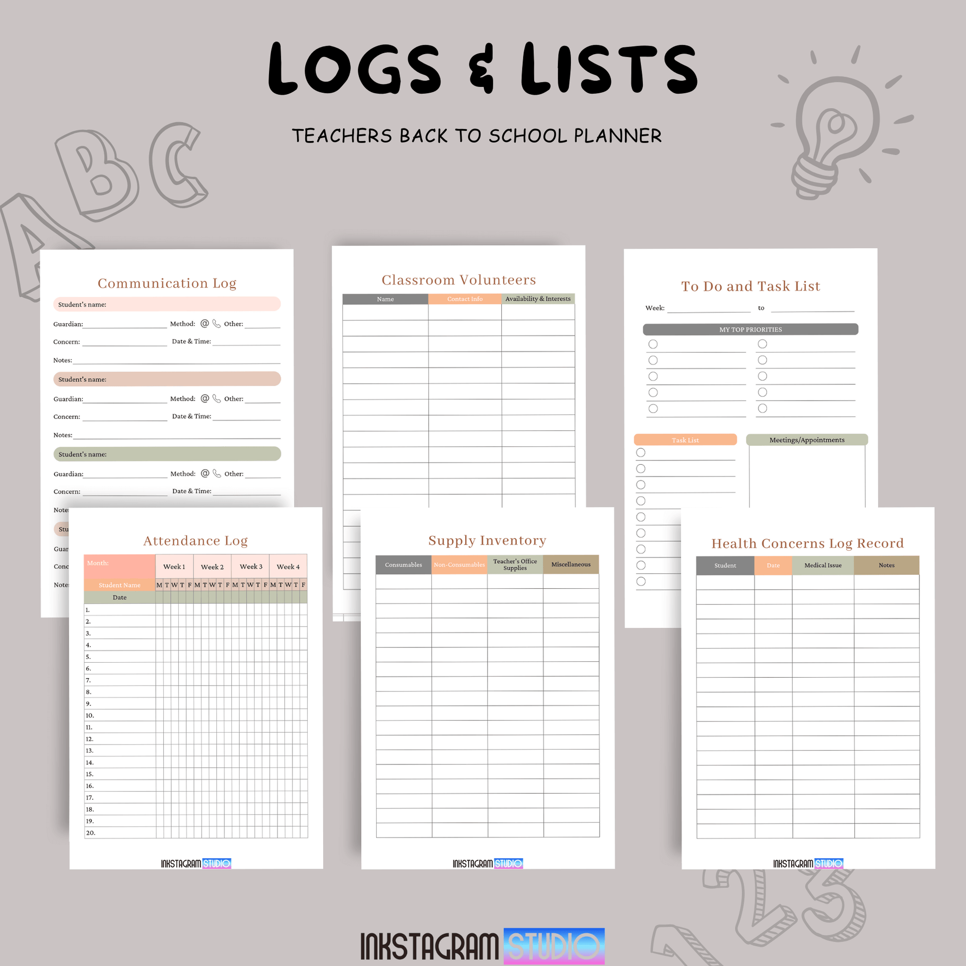 Teachers Back to School Planner pages including communication log, attendance log, supply inventory, and health concerns log to simplify classroom management.