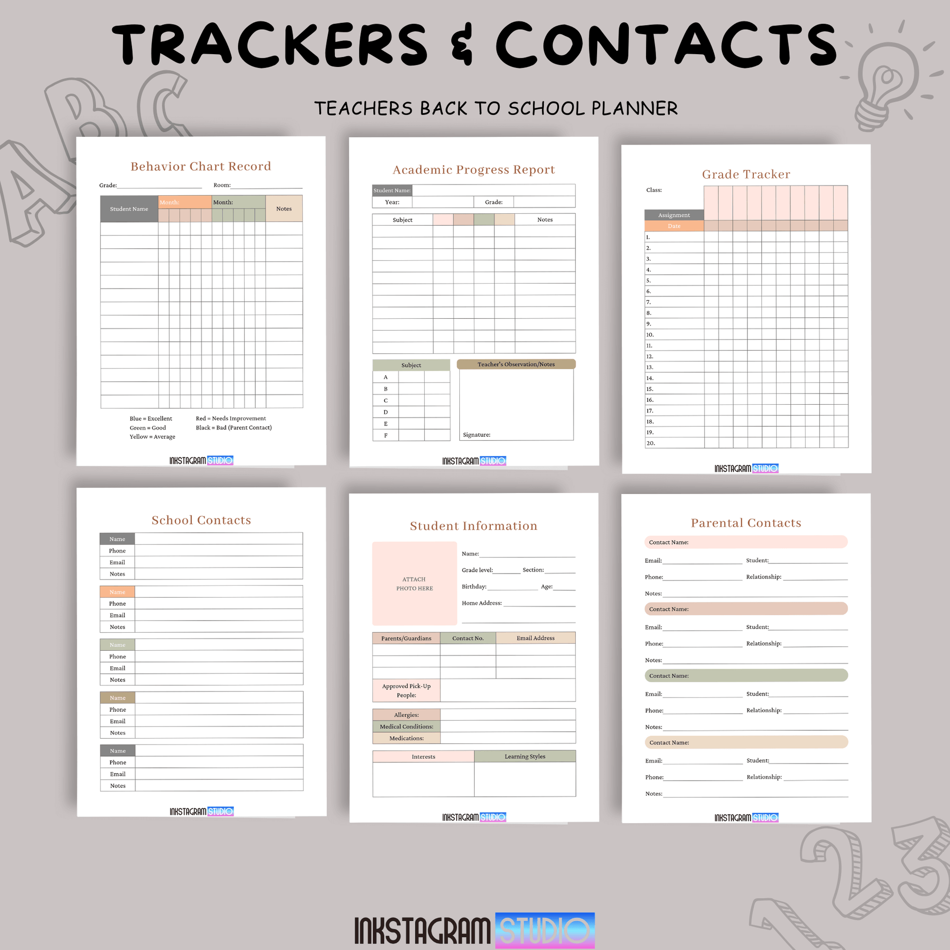 Teachers Back to School Planner pages for classroom management, including behavior chart, grade tracker, and academic progress report.