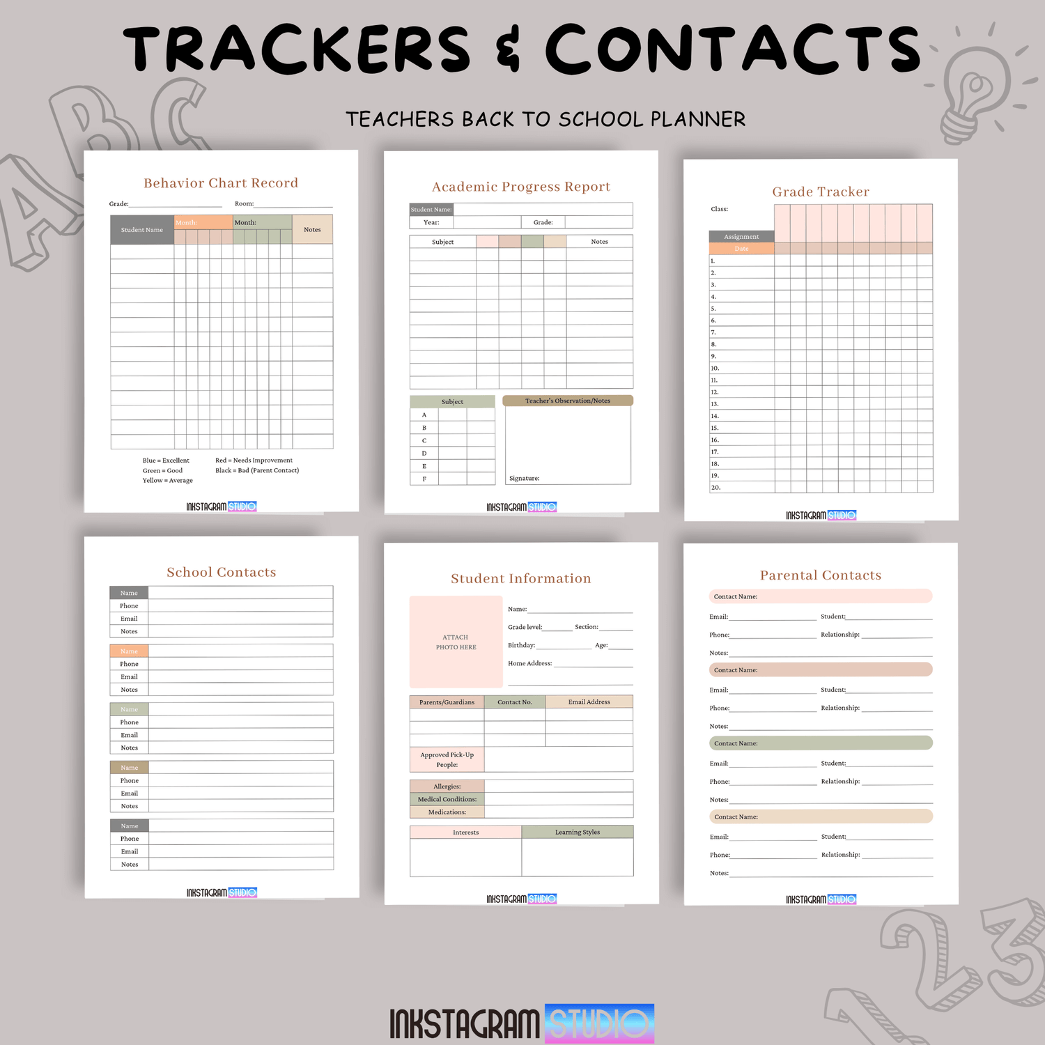 Teachers back to school planner pages showcasing trackers for behavior, grades, student info, and parental contacts.