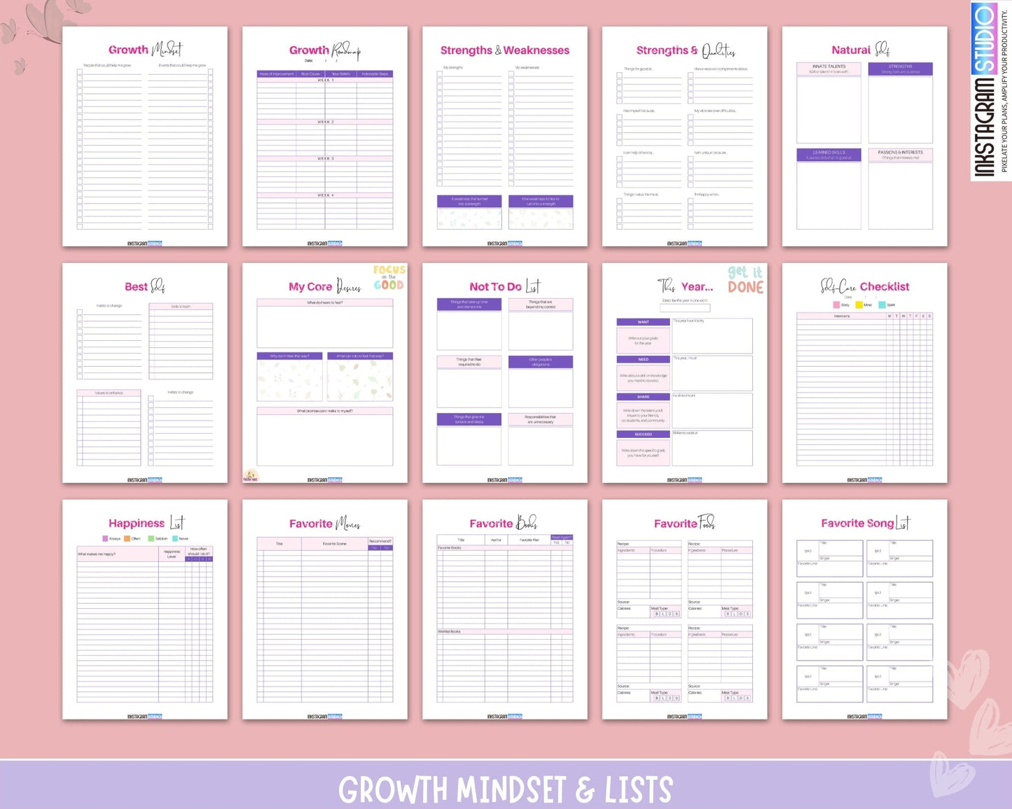 Growth Mindset Journal pages featuring exercises for personal development, self-reflection, and goal setting.