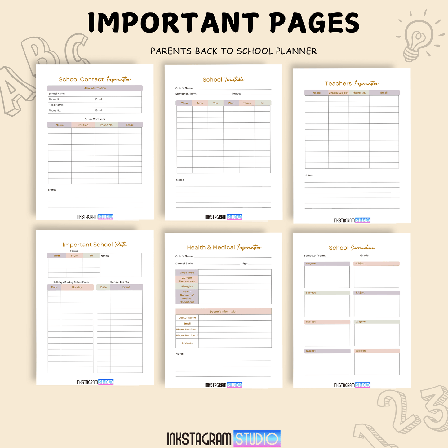 Parents Back to School Planner pages featuring school contact, timetable, teacher information, important dates, health, and curriculum details.