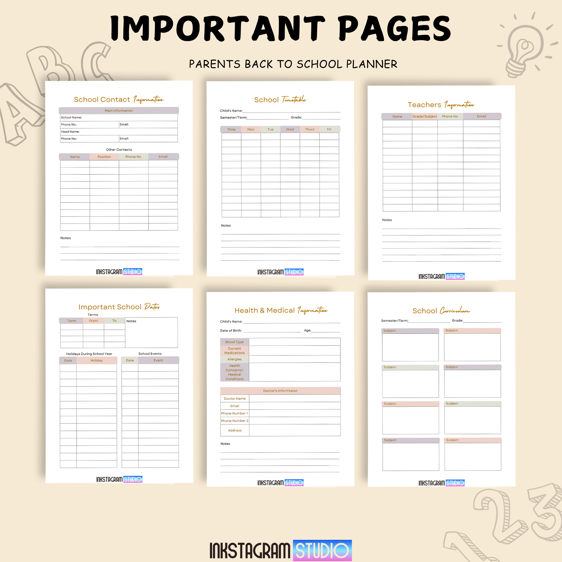 Parents Back to School Planner pages featuring school contact, timetable, teacher information, important dates, health, and curriculum details.