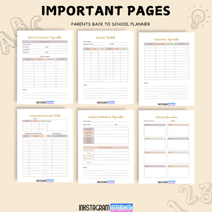 Parents Back to School Planner with important pages for school details and organization.