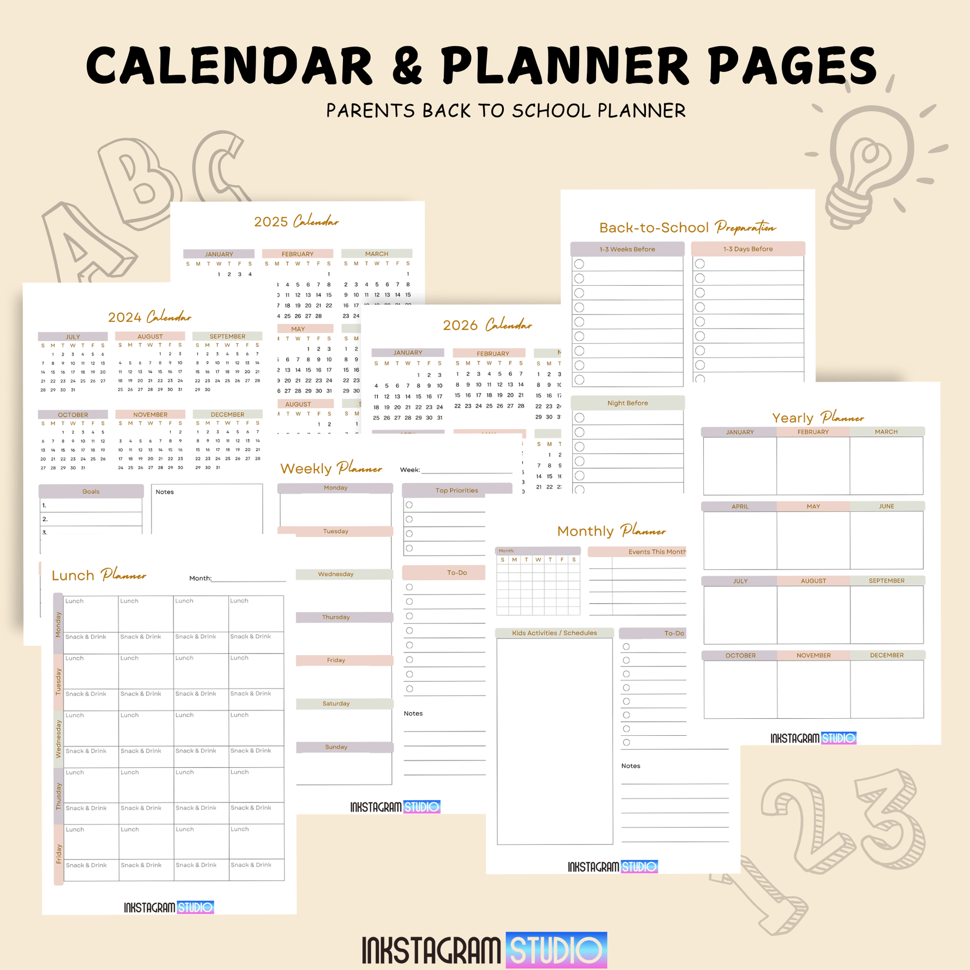 Calendar and planner pages from the Parents Back to School Planner, featuring yearly, monthly, weekly, and lunch planners.