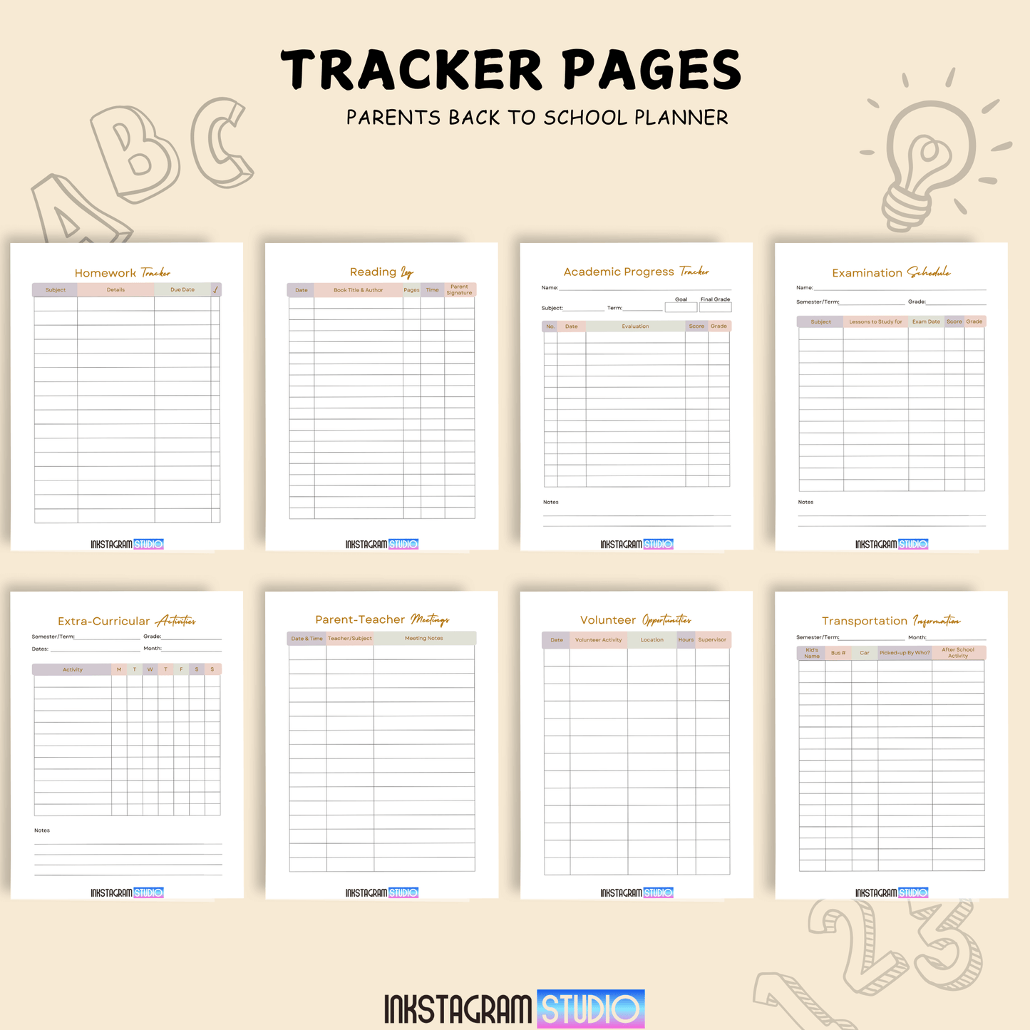 Parents Back to School Planner pages including homework, reading, academic progress, and examination schedules.