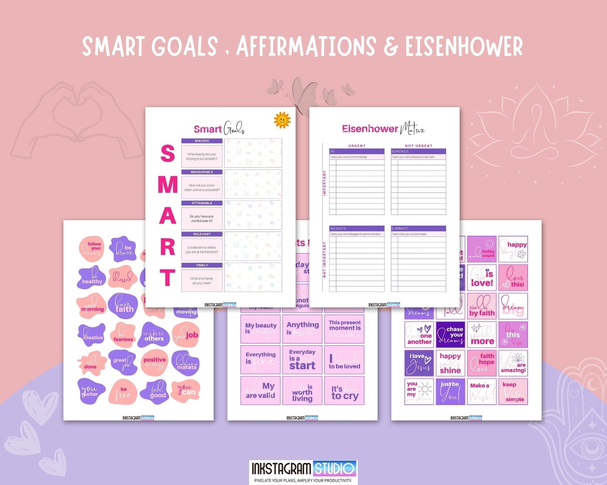 Growth & Mindset Journal with SMART Goals, Affirmations, Eisenhower Matrix worksheets by Inkstagramstudio.