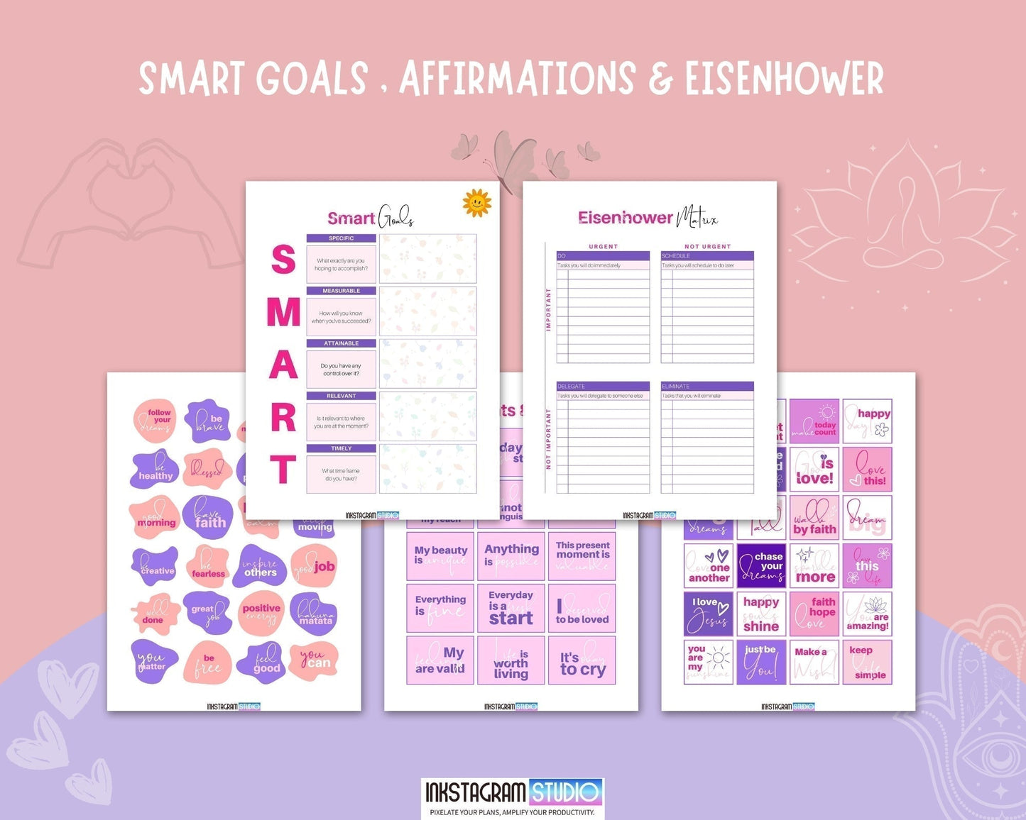 Growth Mindset Journal pages with SMART goals, affirmations, and Eisenhower method in vibrant, colorful design.