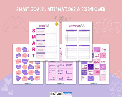 Growth Mindset Journal pages with SMART goals, affirmations, and Eisenhower method in vibrant, colorful design.