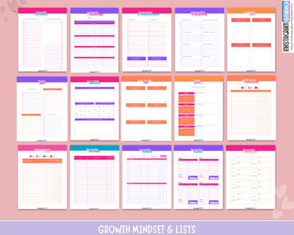 Colorful Growth Mindset Journal with organized layouts for tracking thoughts, goals, and dreams.