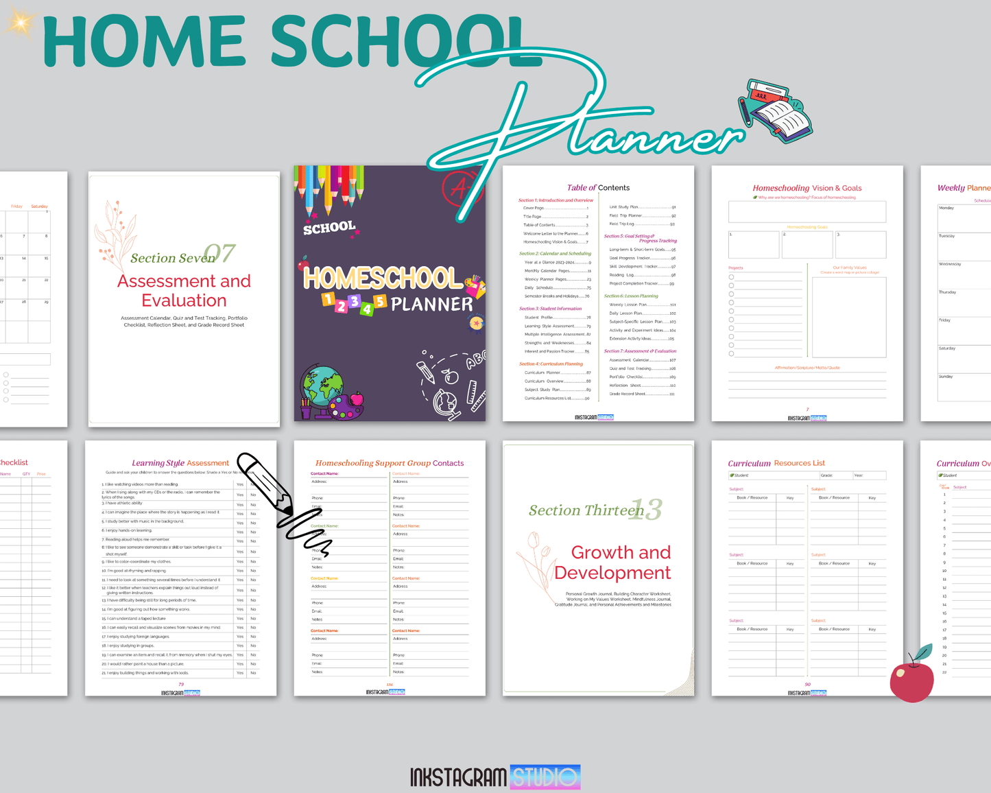 Ultimate Homeschool Planner pages and features for organized education and personal growth.