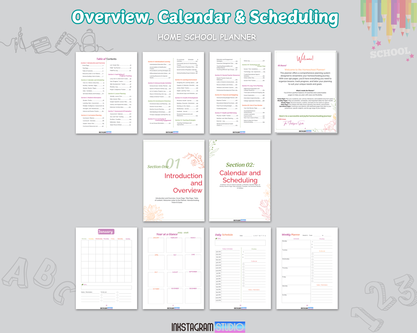 Overview of the Ultimate Homeschool Planner featuring calendar and scheduling pages for organized education.