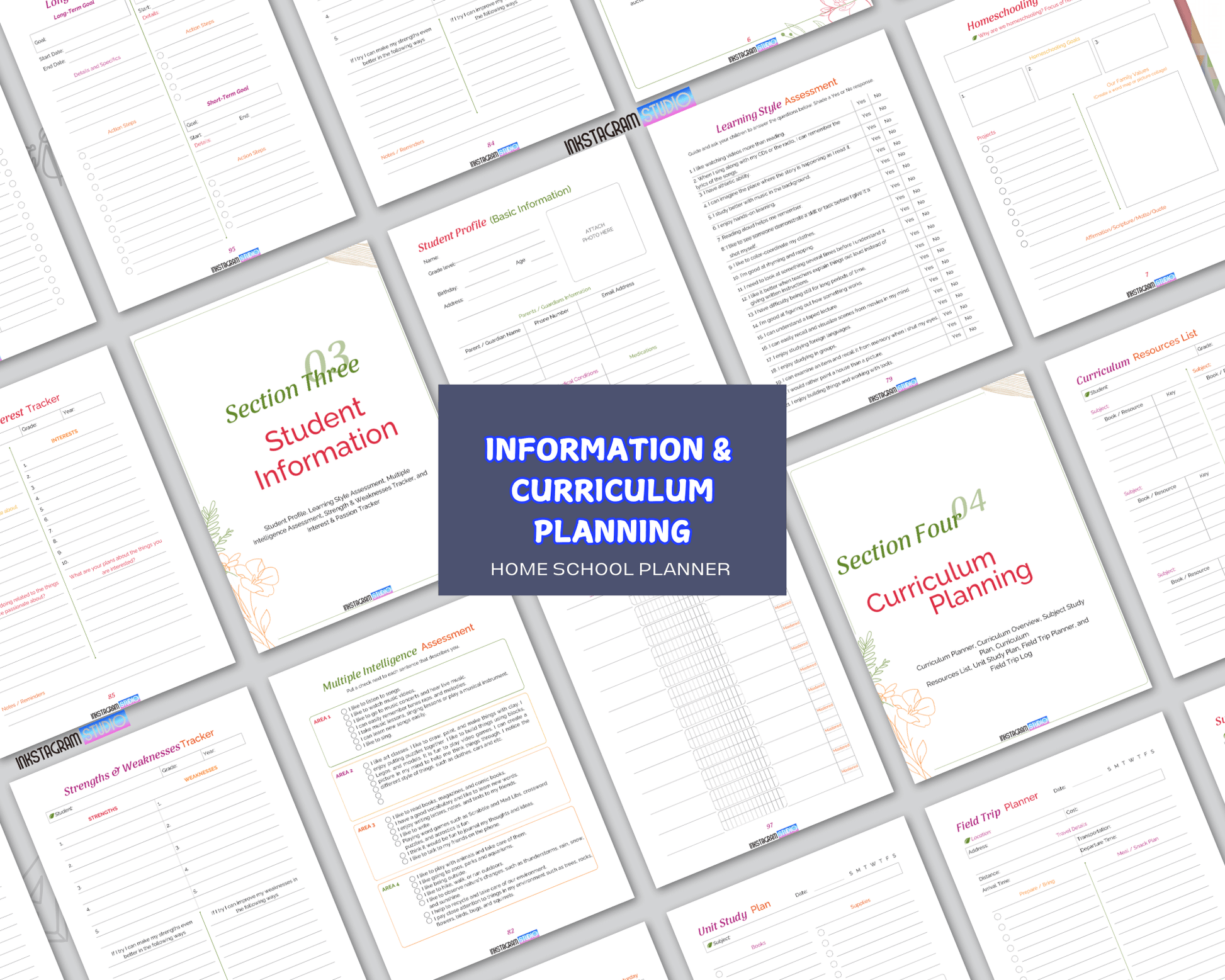 Ultimate Homeschool Planner pages for student information and curriculum planning.