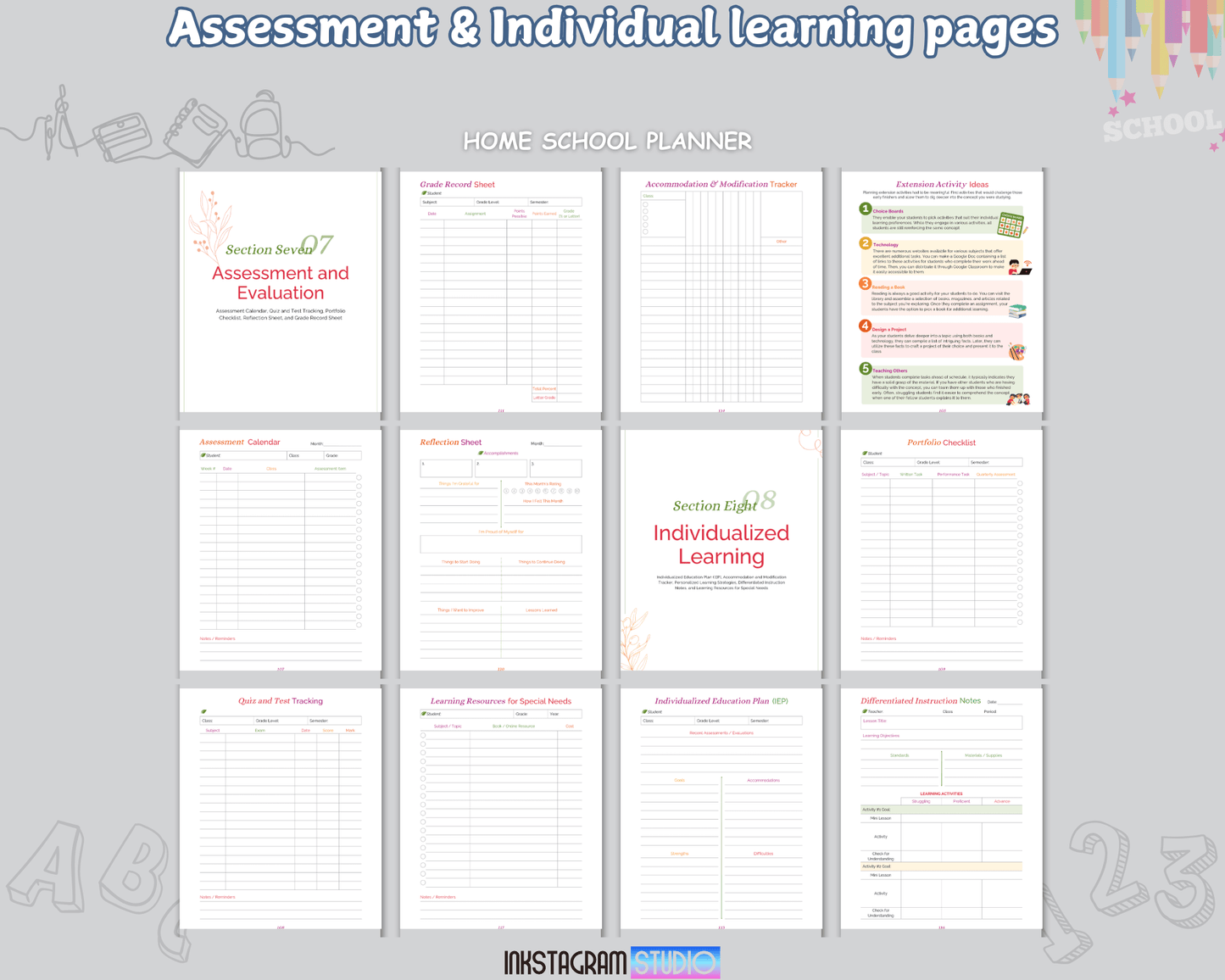 The Ultimate Homeschool Planner pages for assessment and individualized learning.