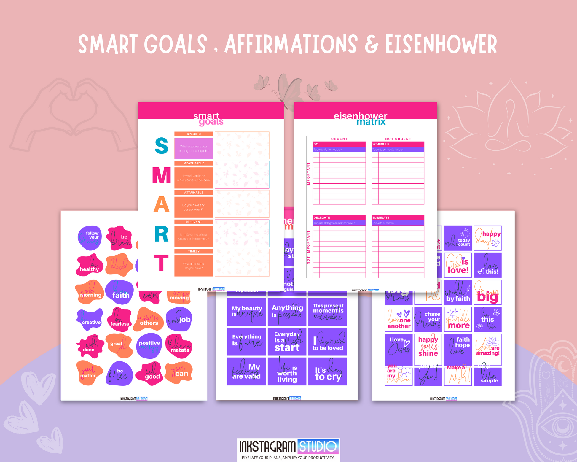 Growth Mindset Journal showcasing pages on SMART goals, affirmations, and Eisenhower matrix for positive thinking and daily reflection.