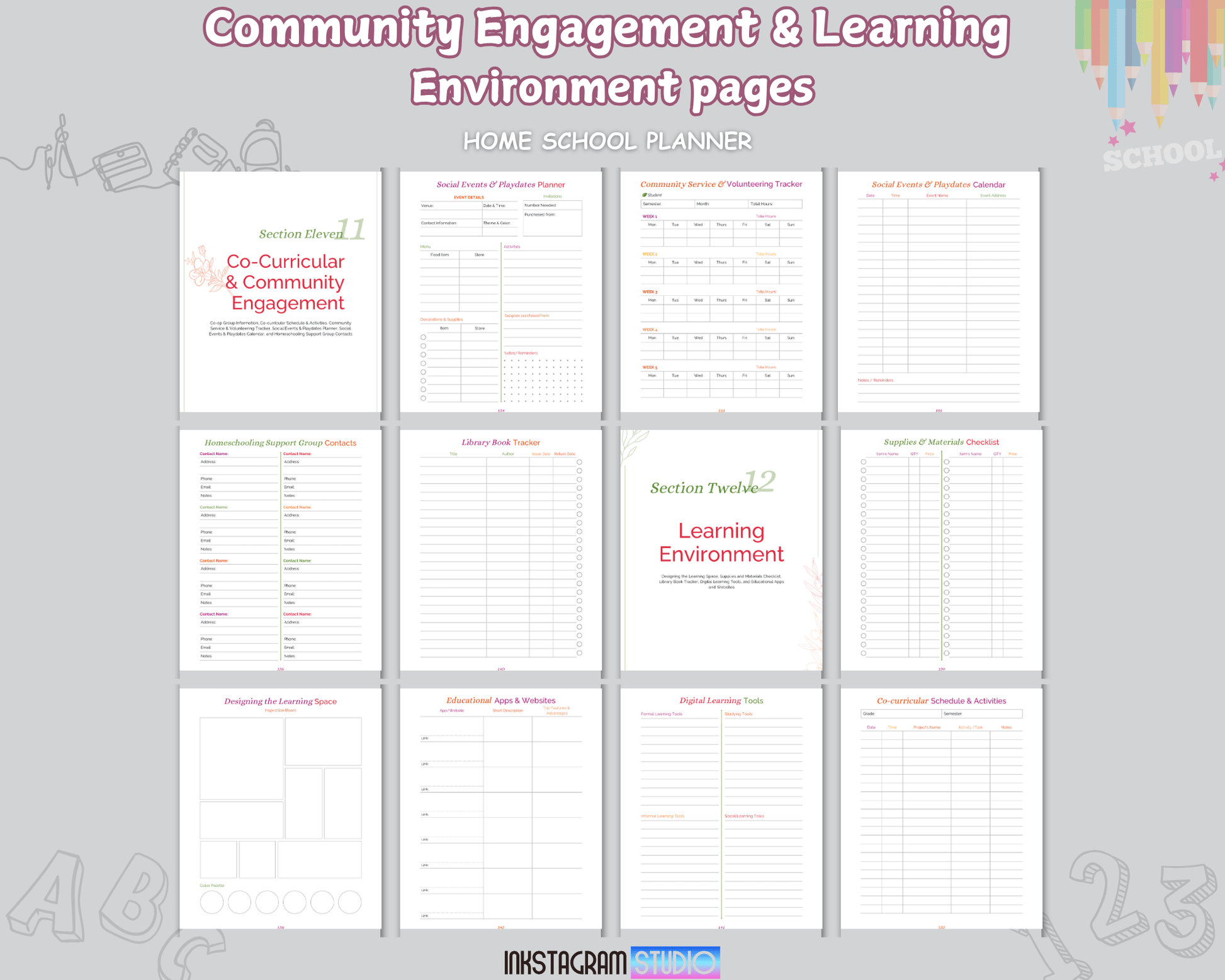 Community engagement and learning environment pages from the Ultimate Homeschool Planner, featuring co-curricular activities and organizational tools.