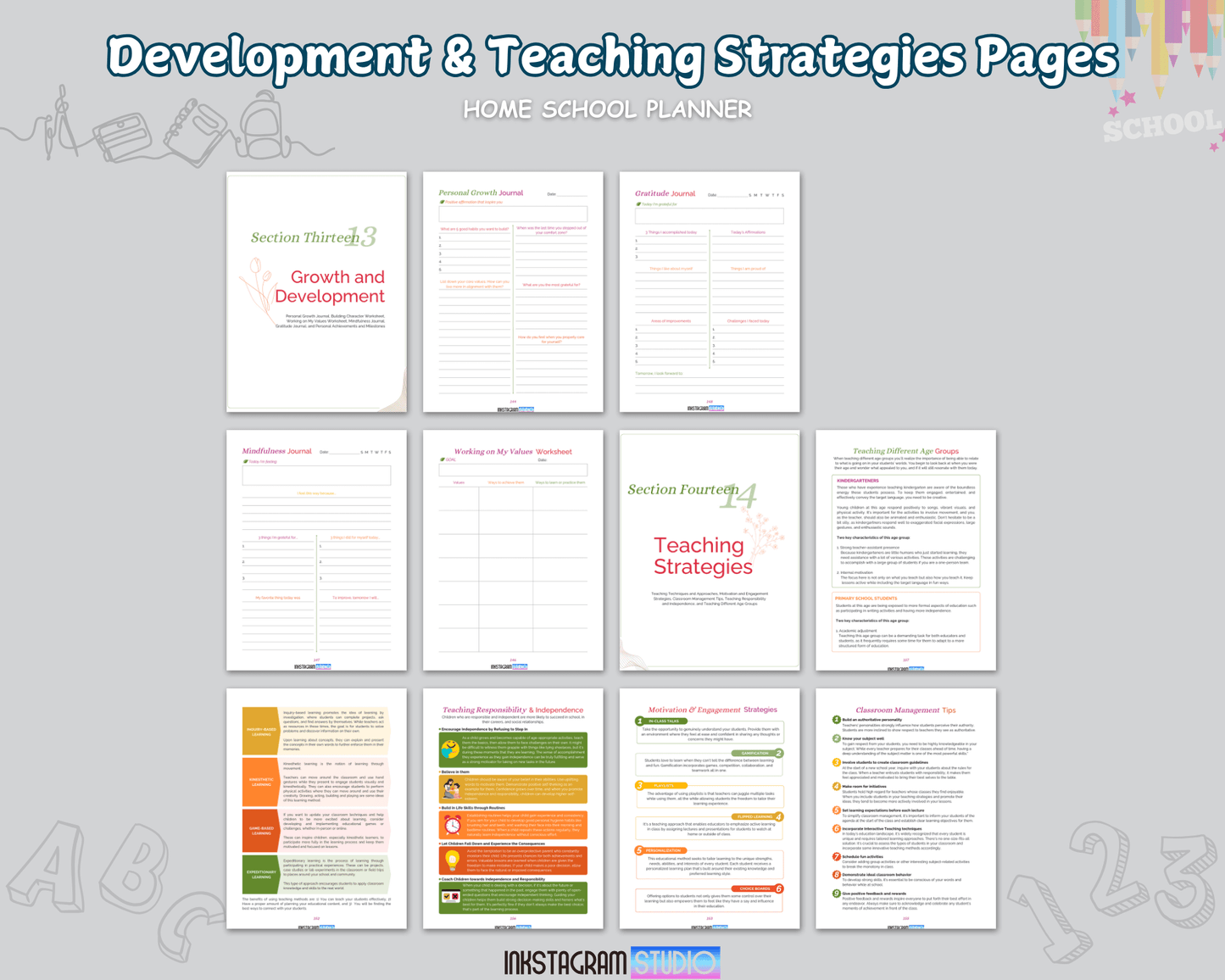 Development and teaching strategies pages in the Ultimate Homeschool Planner.