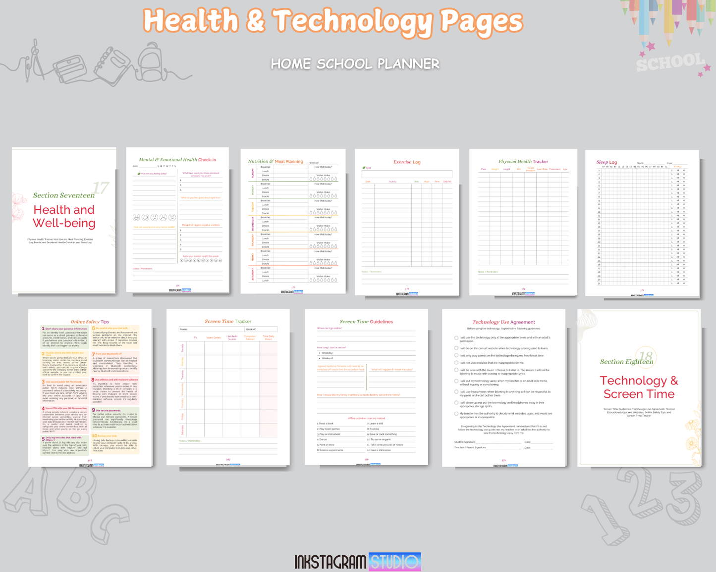 Health and technology pages in the Ultimate Homeschool Planner, including wellness and screen time guidelines.