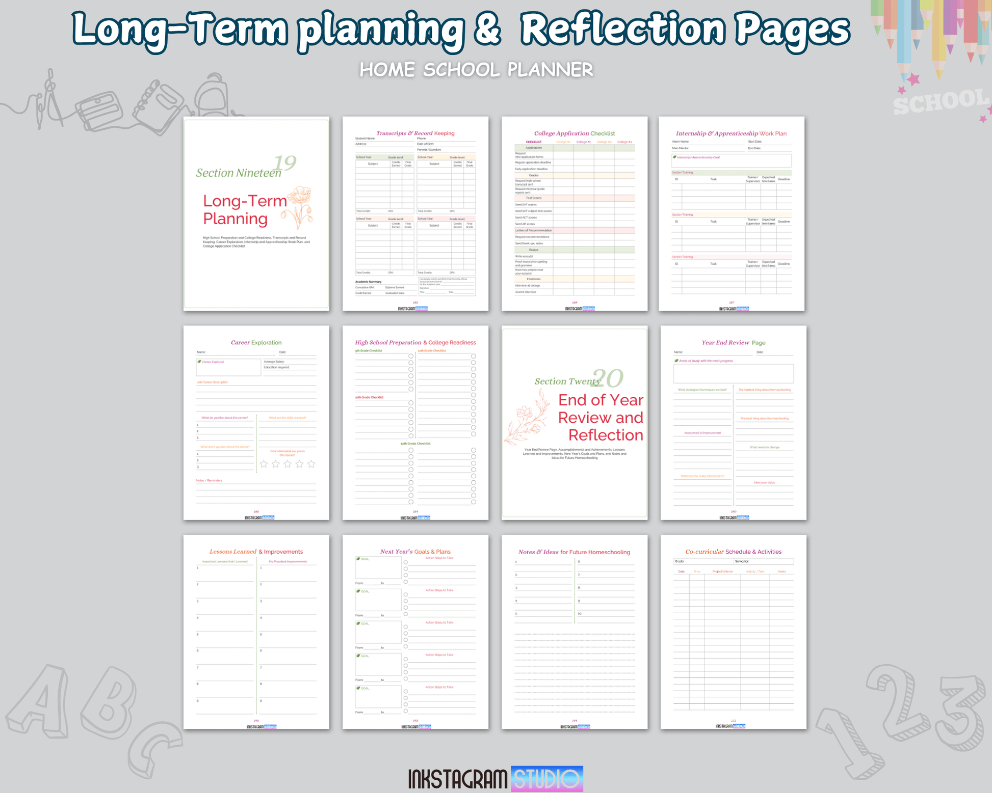 Long-term planning and reflection pages from the Ultimate Homeschool Planner for organized education.